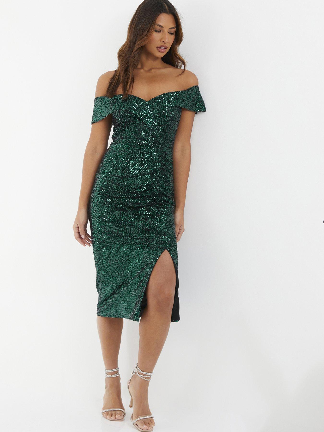 Quiz Green Sequin Bardot Split Midi Dress | Very.co.uk