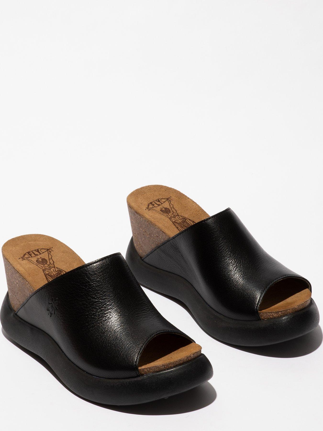 Leather Wedged Slide on Mule Black