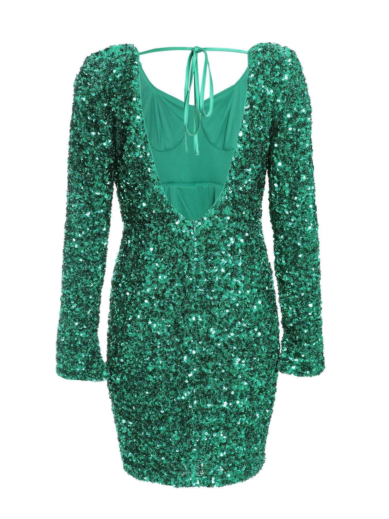 Motel Rocks Green Sequin Dress Quiz Jade Green Sequin Flute Sleeve