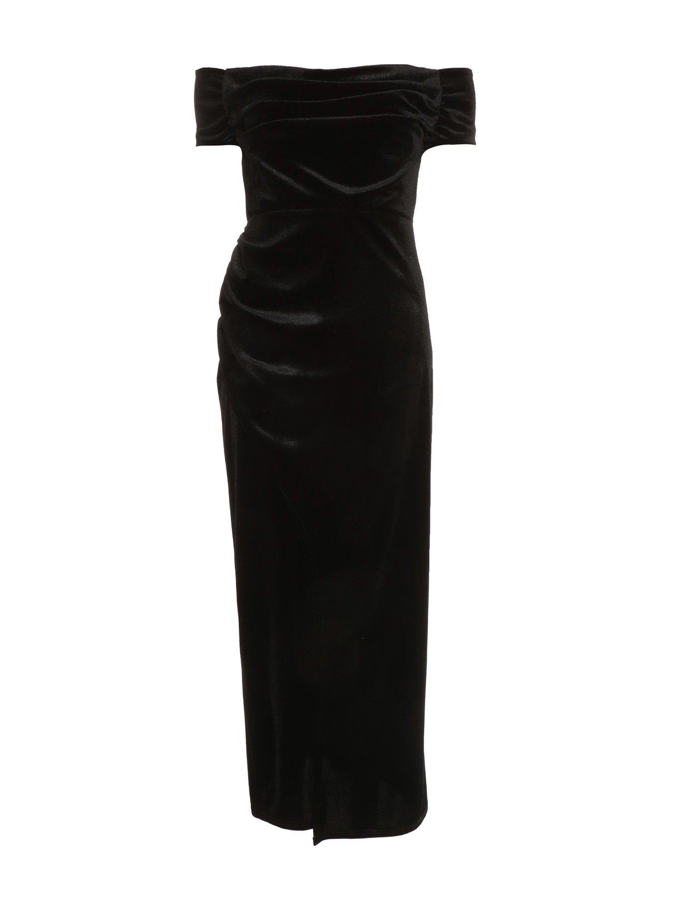 bardot black velvet dress Candela Black Velvet Asymmetric Bardot Maxi Dress – Club L London