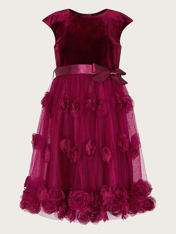 Monsoon Girls Ottilie 3D Roses Velvet Dress - Burgundy | very.co.uk