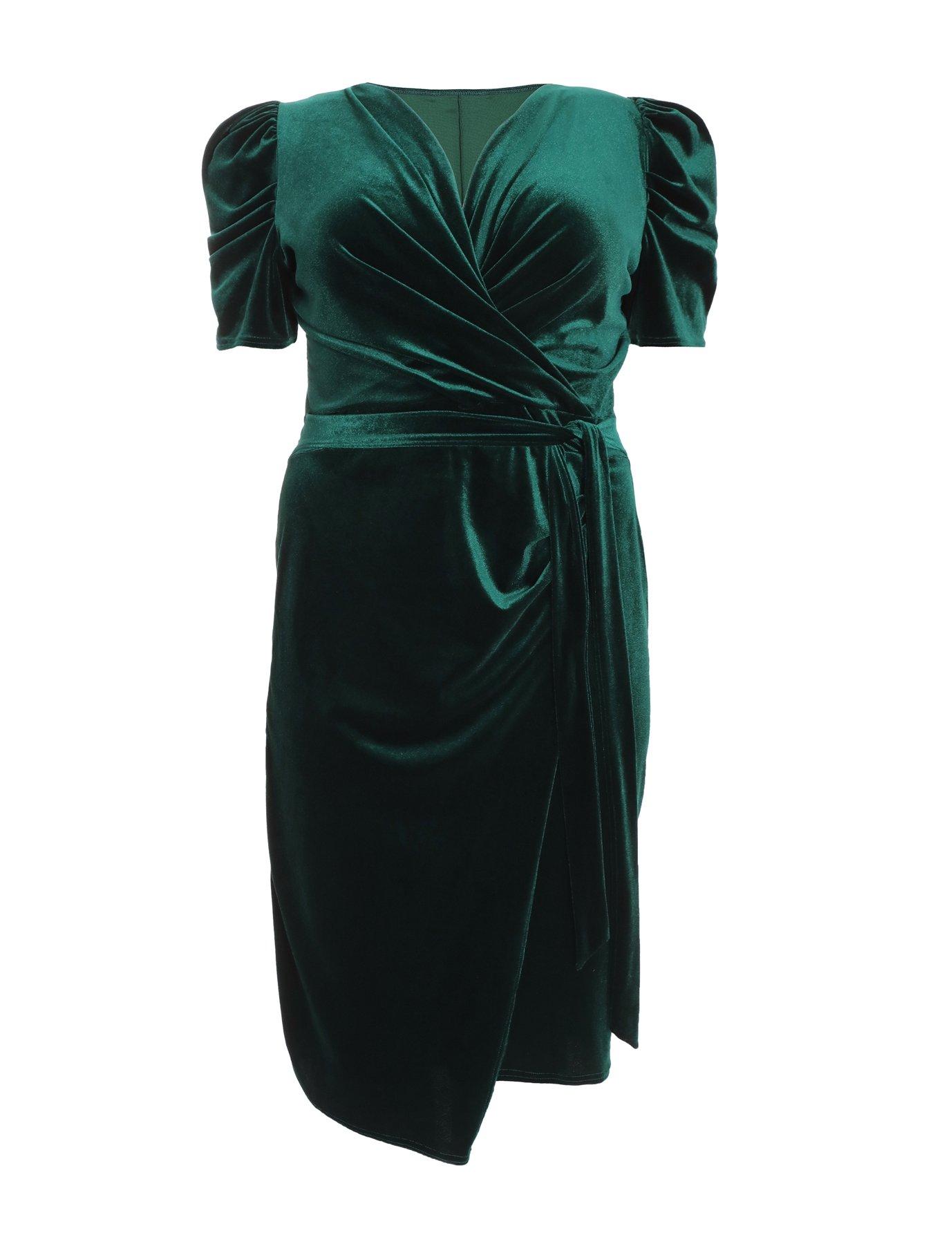 Quiz Curve Curve Bottle Green Velvet Wrap Midi Dress | Very