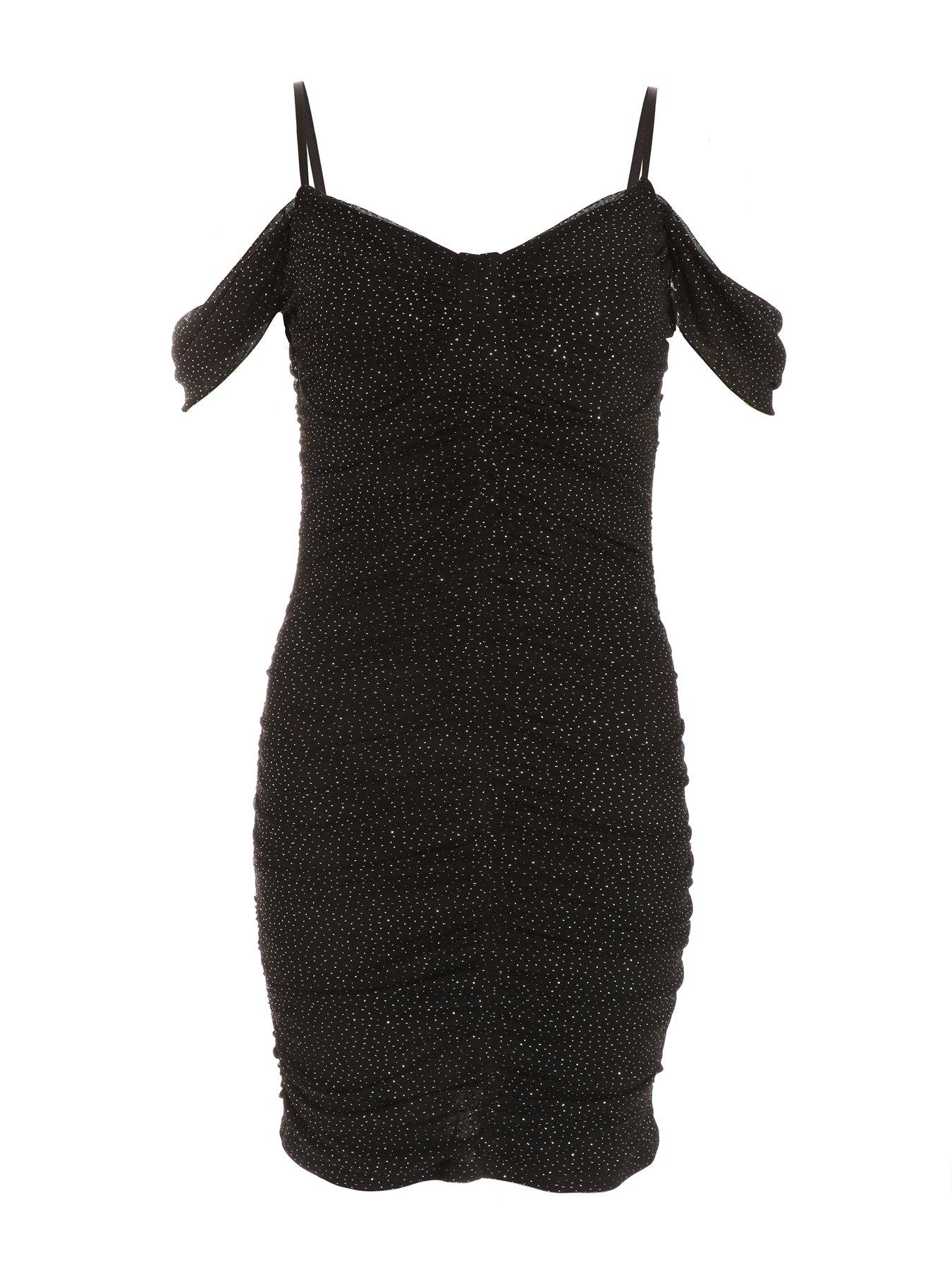 Quiz Black Glitter Ruched Bardot Mini Dress | Very