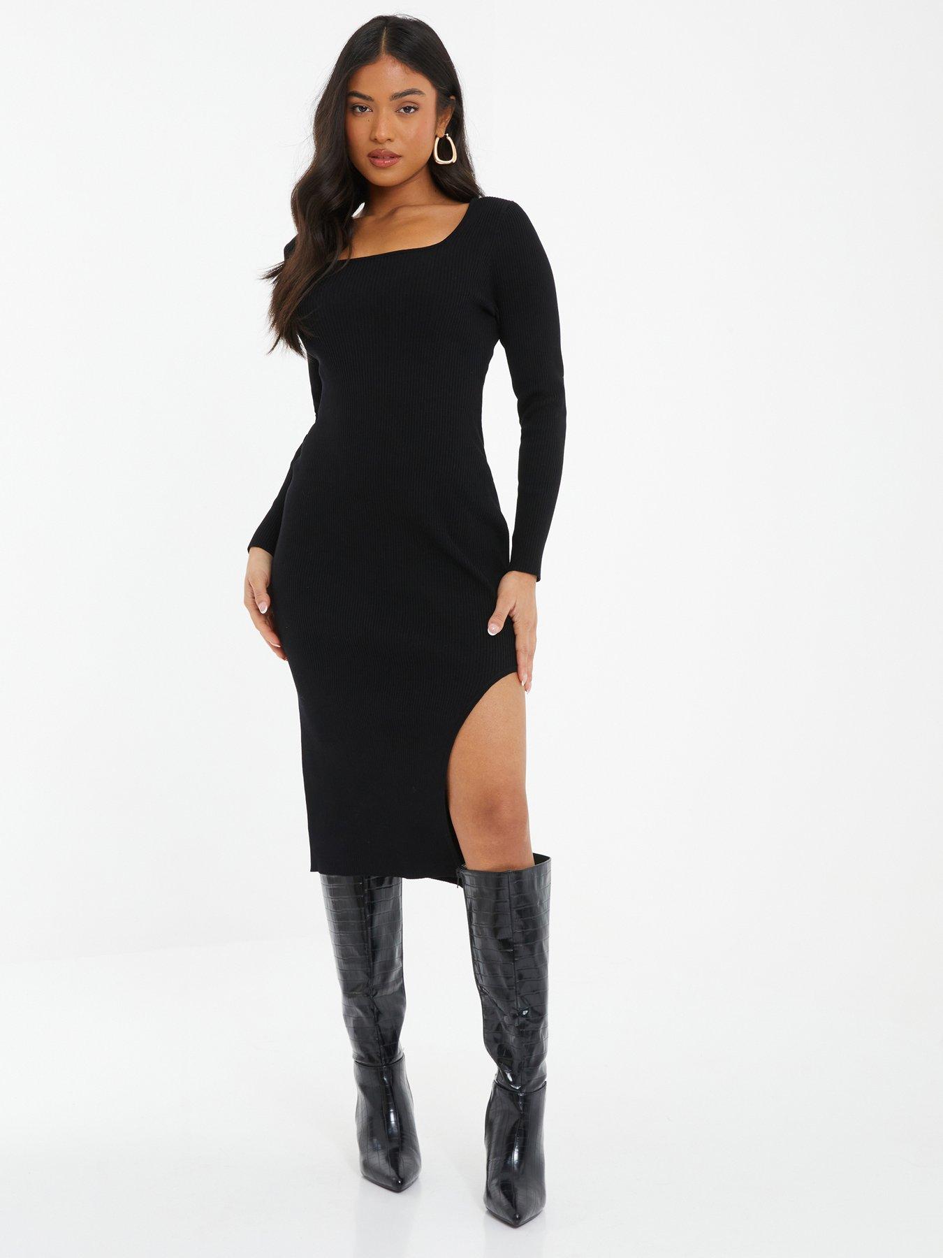 Quiz Petite Black Knit Long Sleeve Bodycon Midi Dress Very