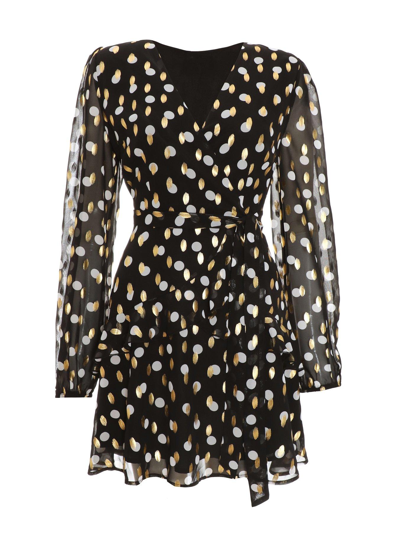 Quiz Black Polka Dot Foil Wrap Skater Dress very