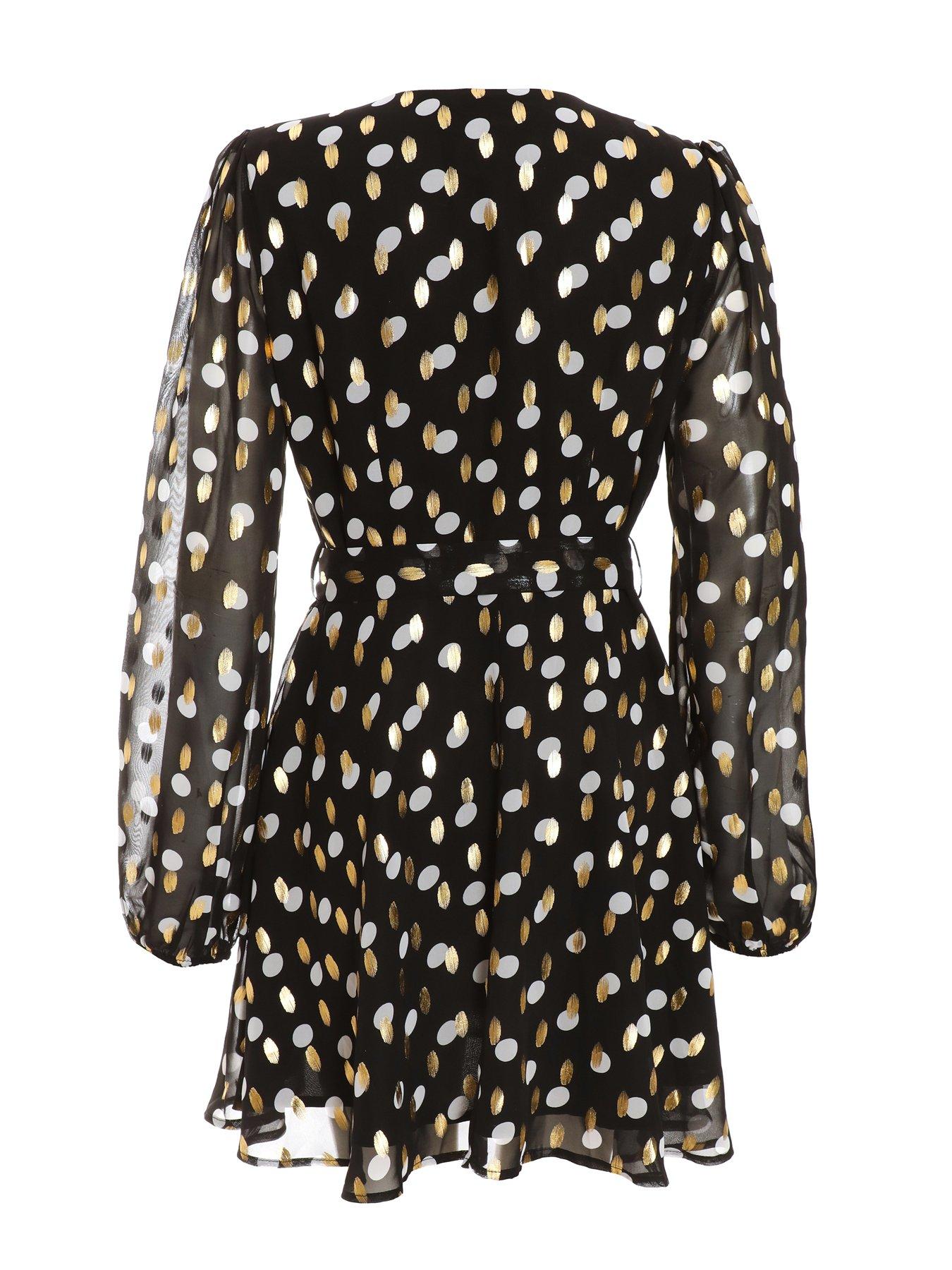 Quiz Black Polka Dot Foil Wrap Skater Dress