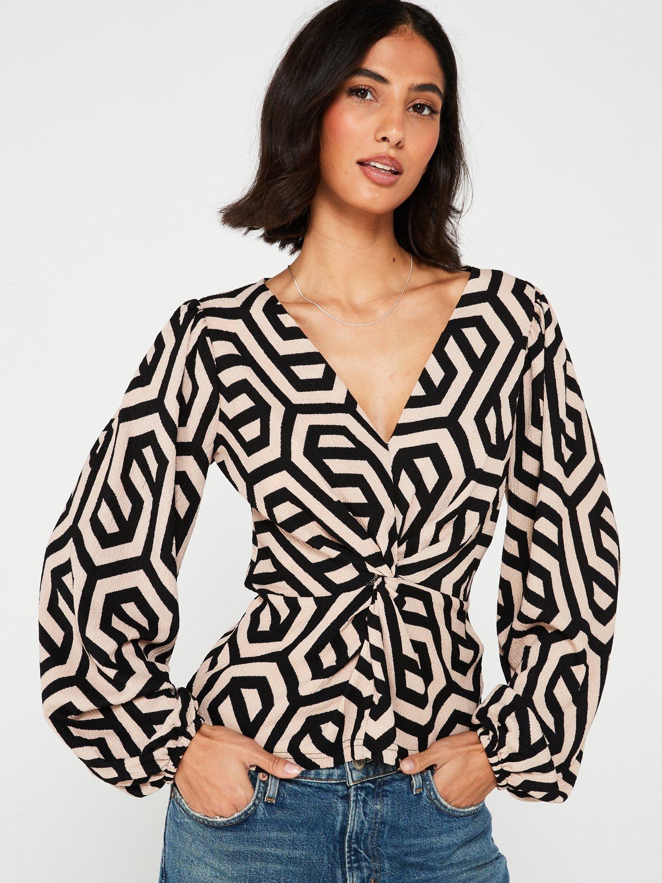 Leopard print knot front long sleeve blouse best sale