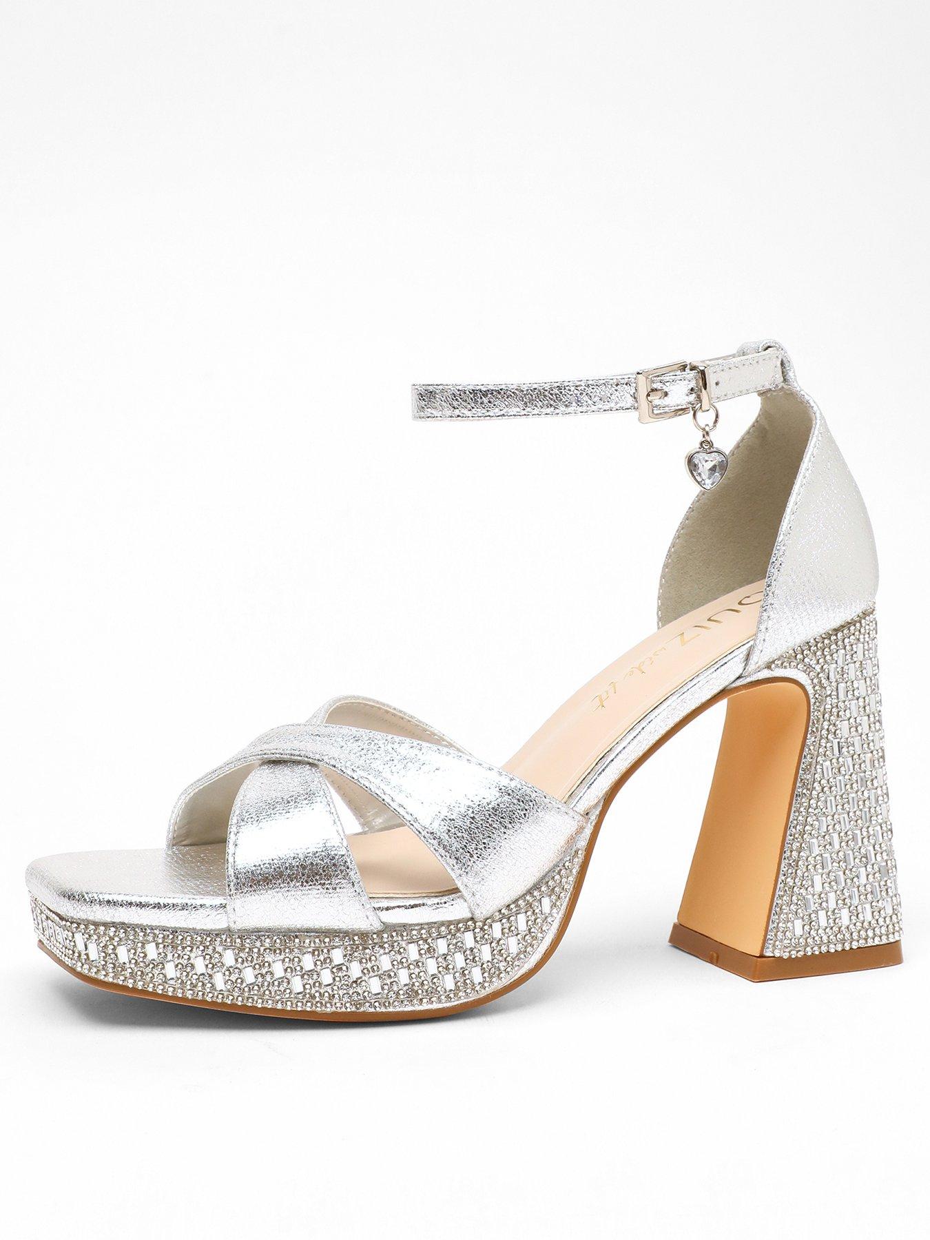 Quiz Wide Fit Silver Diamante Platform Heels very