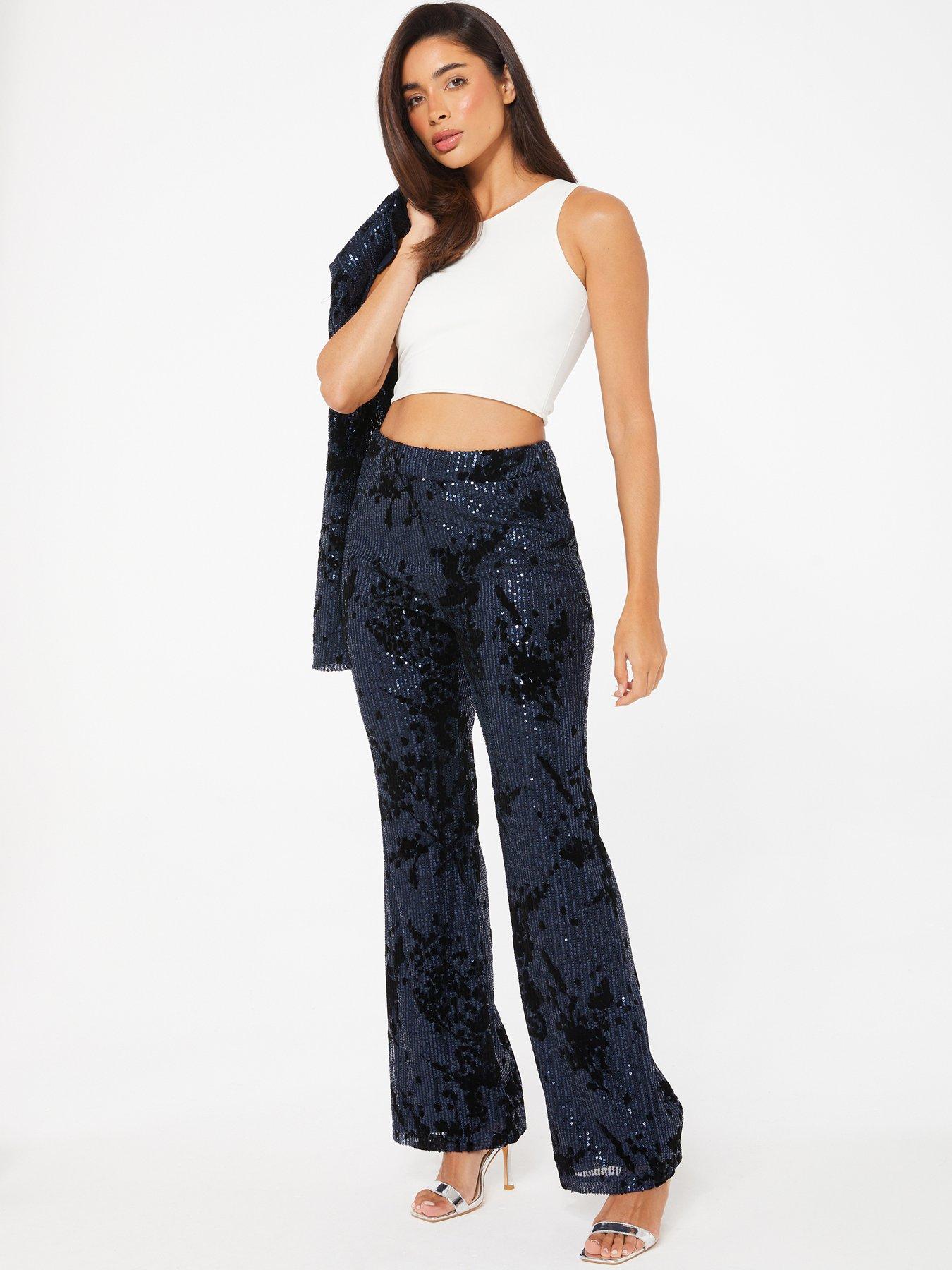 Quiz Navy Sequin Flocked Flared Trousers