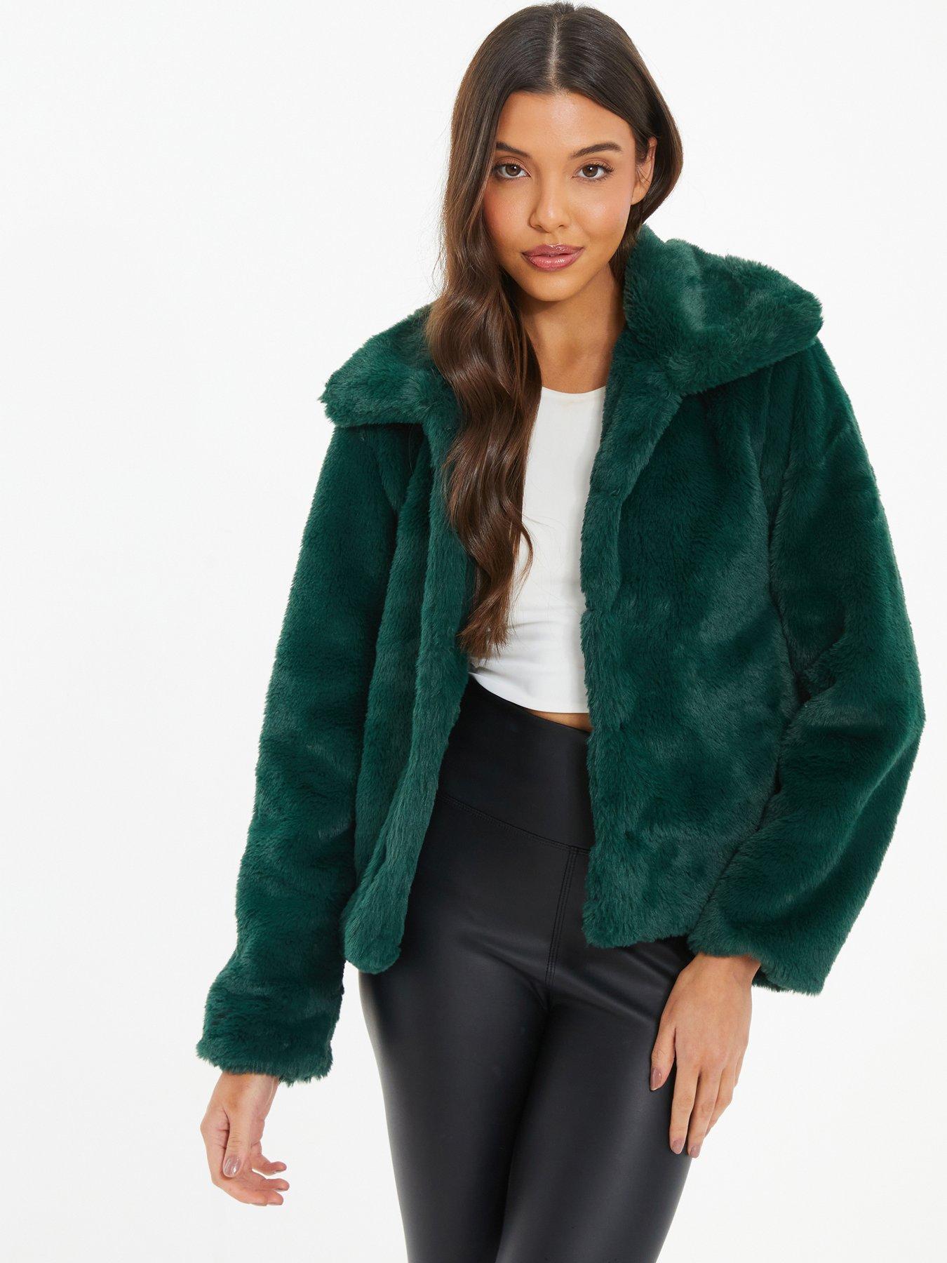 Sadie Faux Fur Trim Wrap Coat Green, Women's Coats