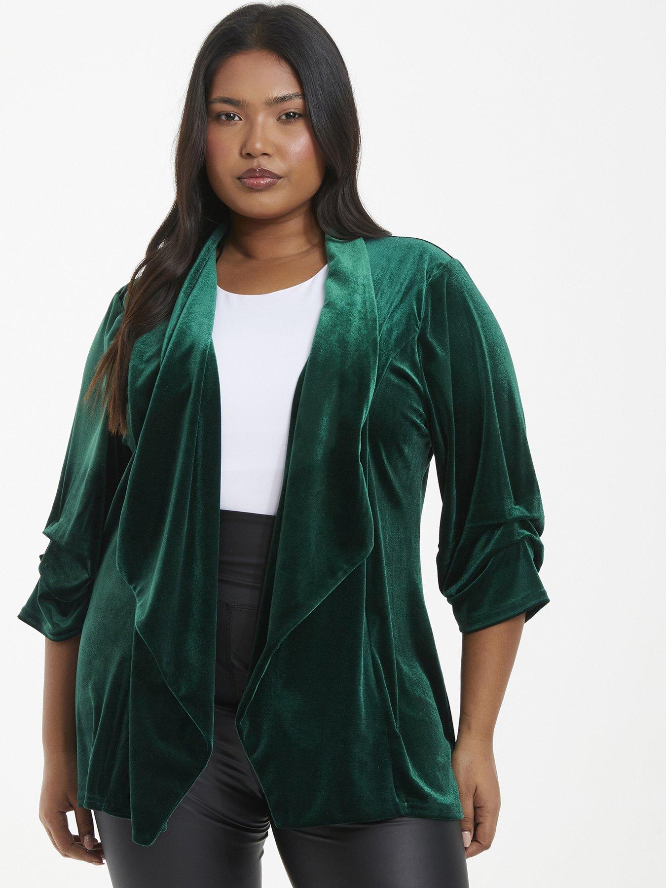 Image 1 of 6 of Quiz Curve Curve Bottle Green Velvet Waterfall Blazer
