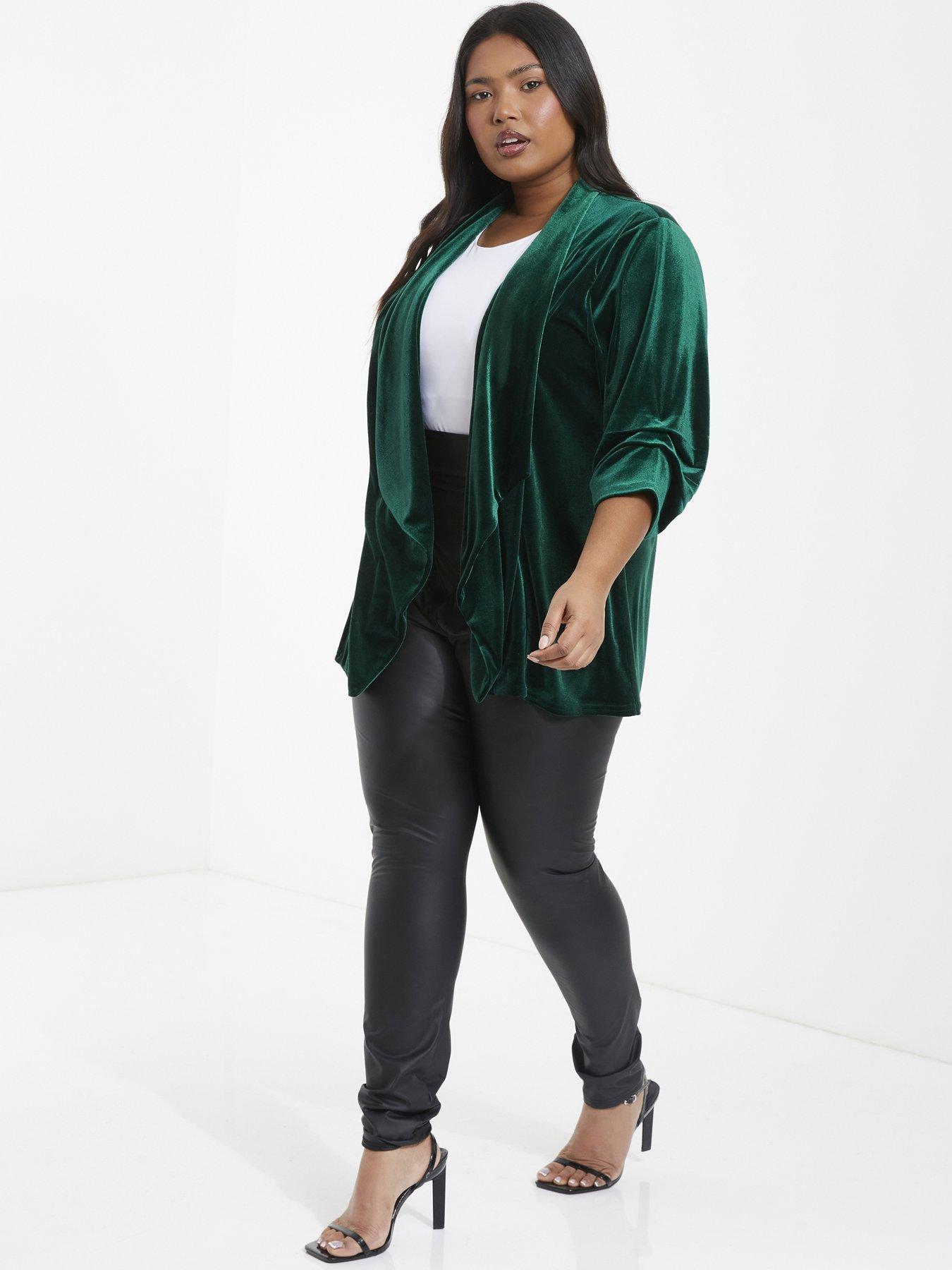 Image 3 of 6 of Quiz Curve Curve Bottle Green Velvet Waterfall Blazer