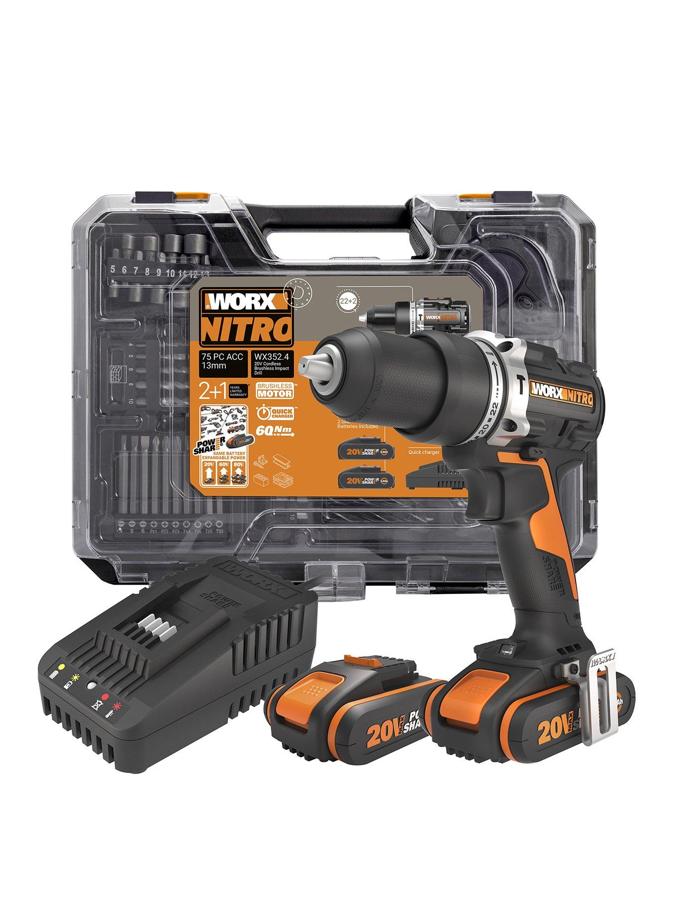Product photograph of Worx Wx352 20v Cordless Brushless Impact Drill Driver With 75-piece Drill Bit Set X2 Batteries And Charger from very.co.uk