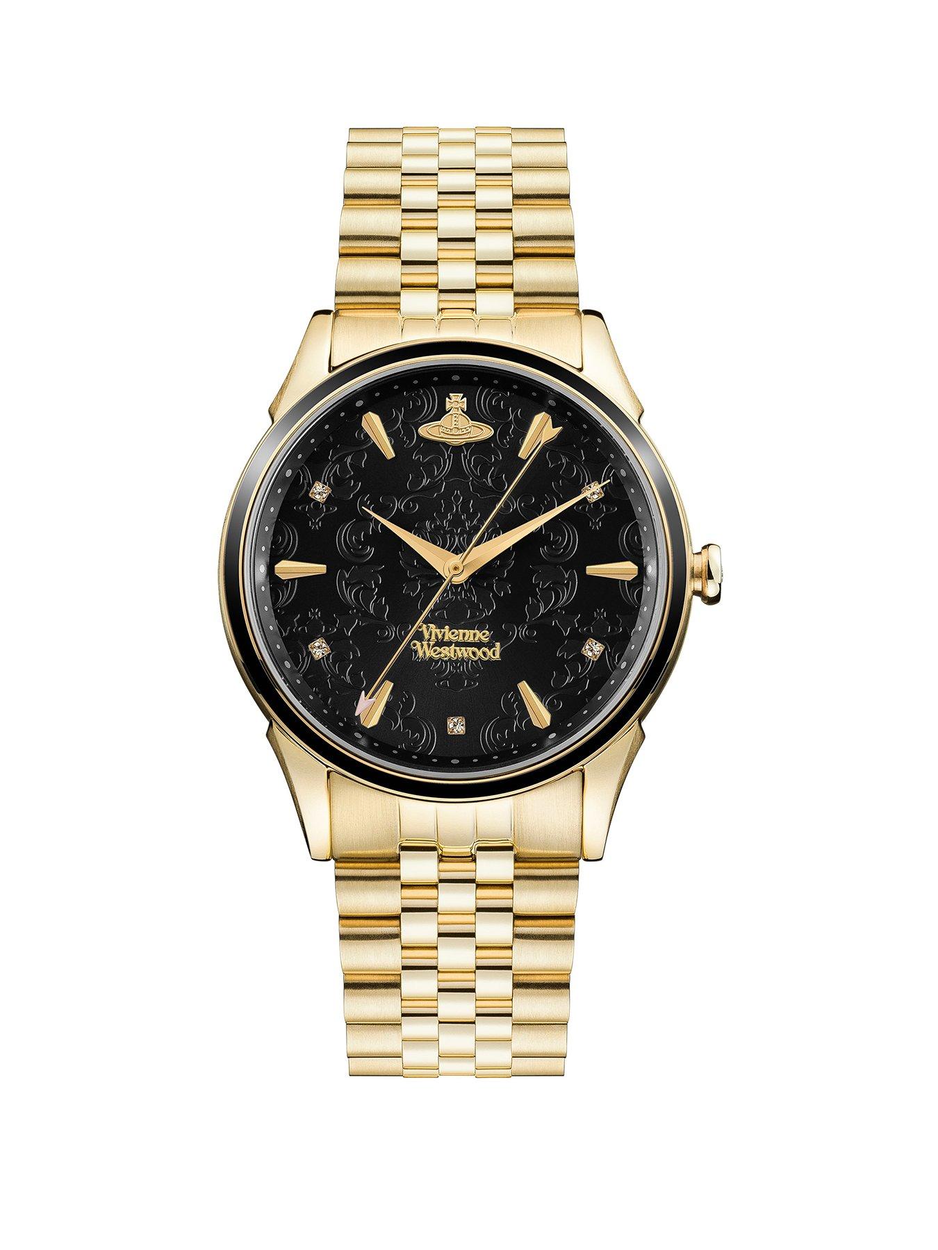 Product photograph of Vivienne Westwood The Wallace Ladies Quartz Watch With Black Stone Set Dial Amp Gold Stainless Steel Bracelet from very.co.uk