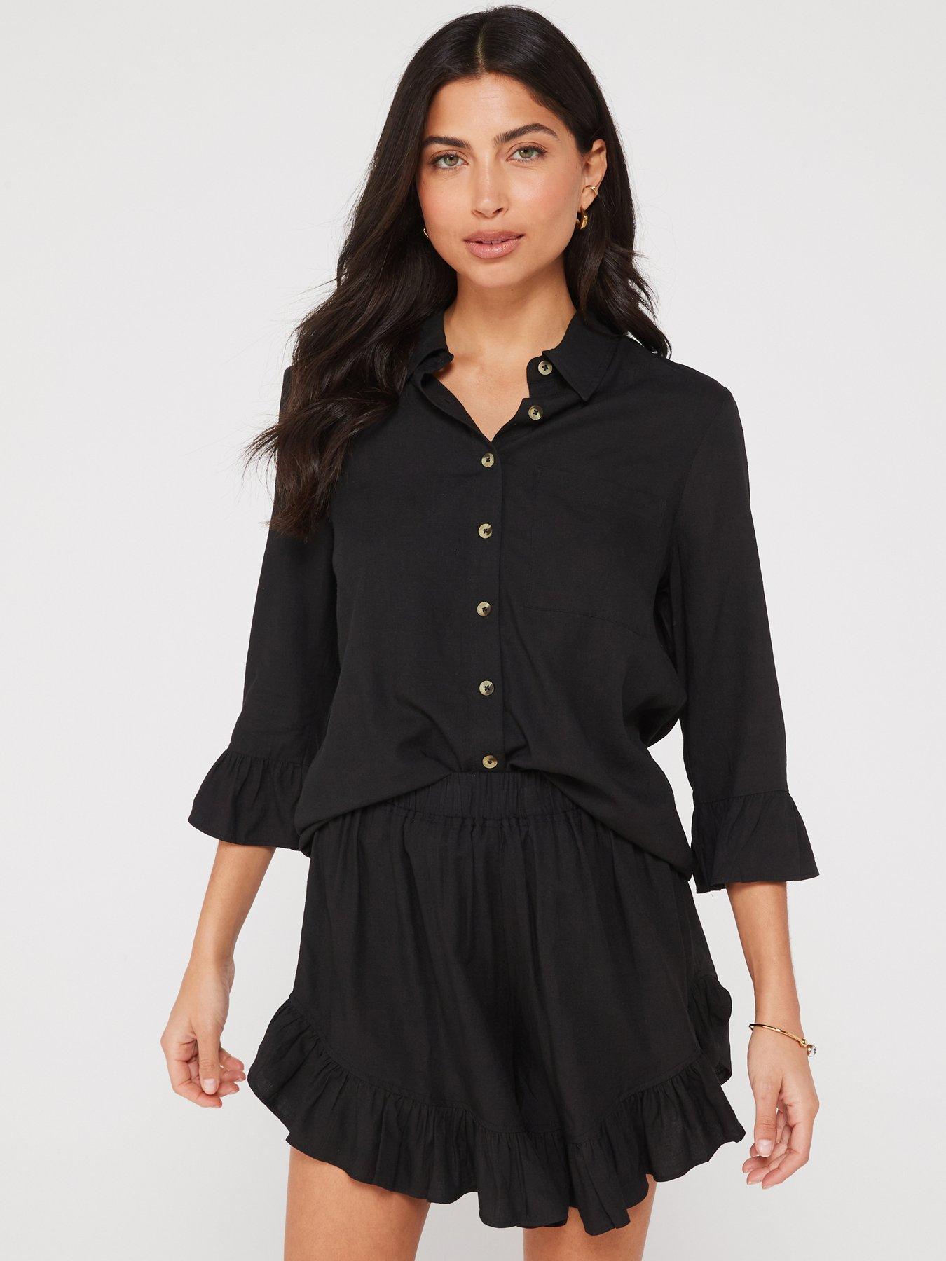 V by Very X Tara Maynard Frill Sleeve Shirt Co-ord - Black | Very.co.uk