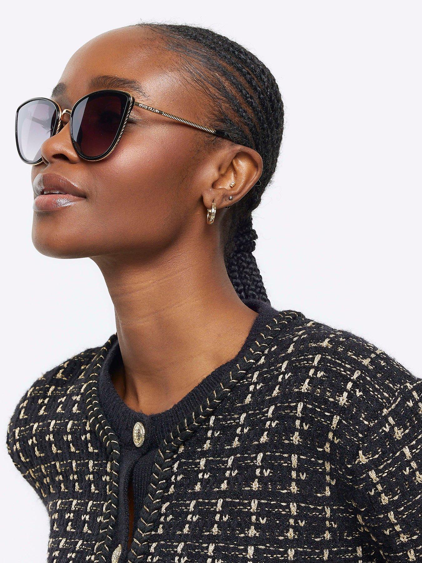 Metal Sandwich Cateye Sunglasses Black