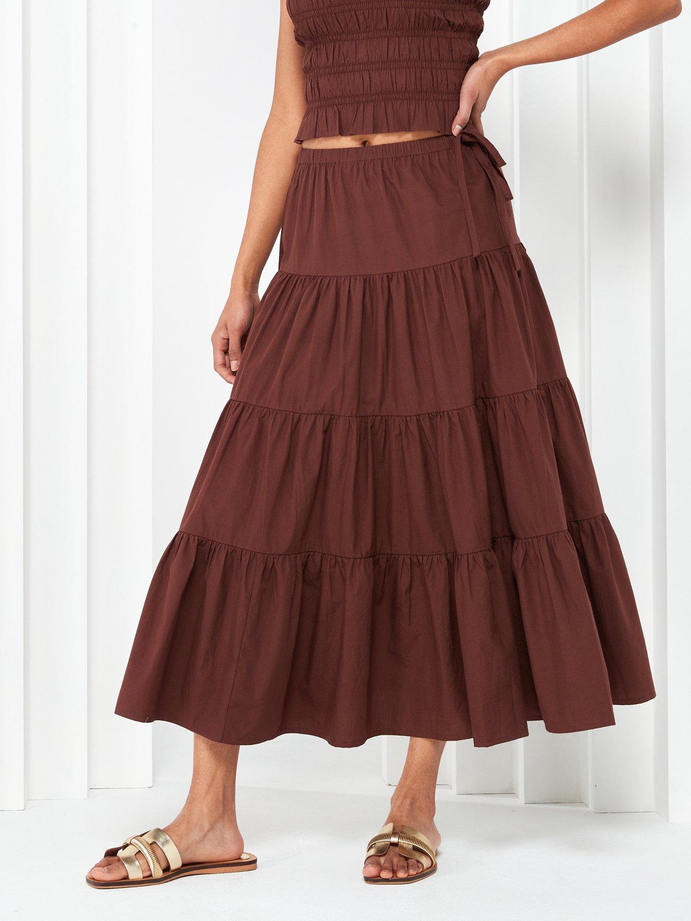 V by Very Tiered Midi Skirt Co-ord - Brown | Very.co.uk