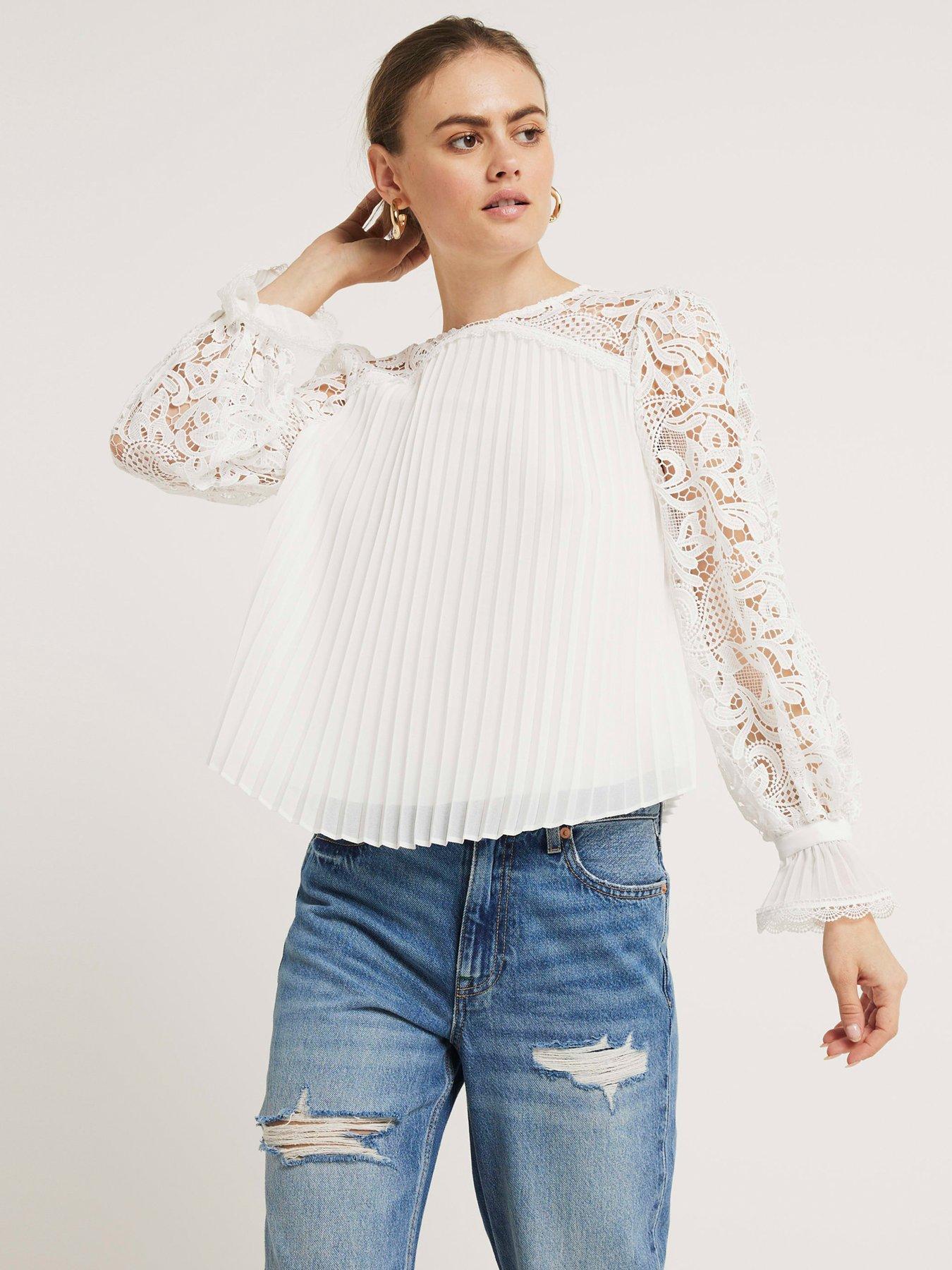 River Island Pleated Lace Blouse - White | Very.co.uk