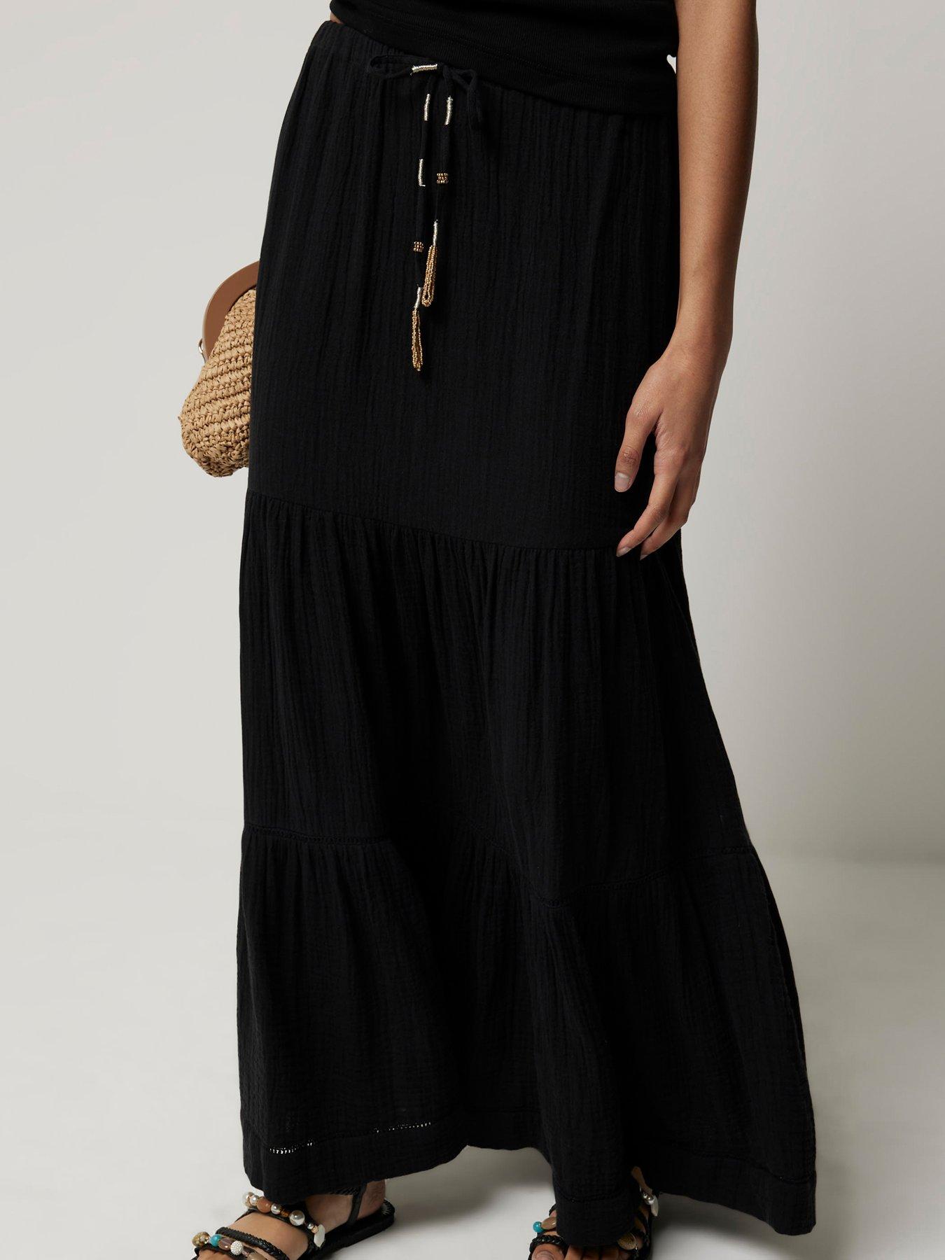 Textured Cotton Tiered Maxi Skirt Black