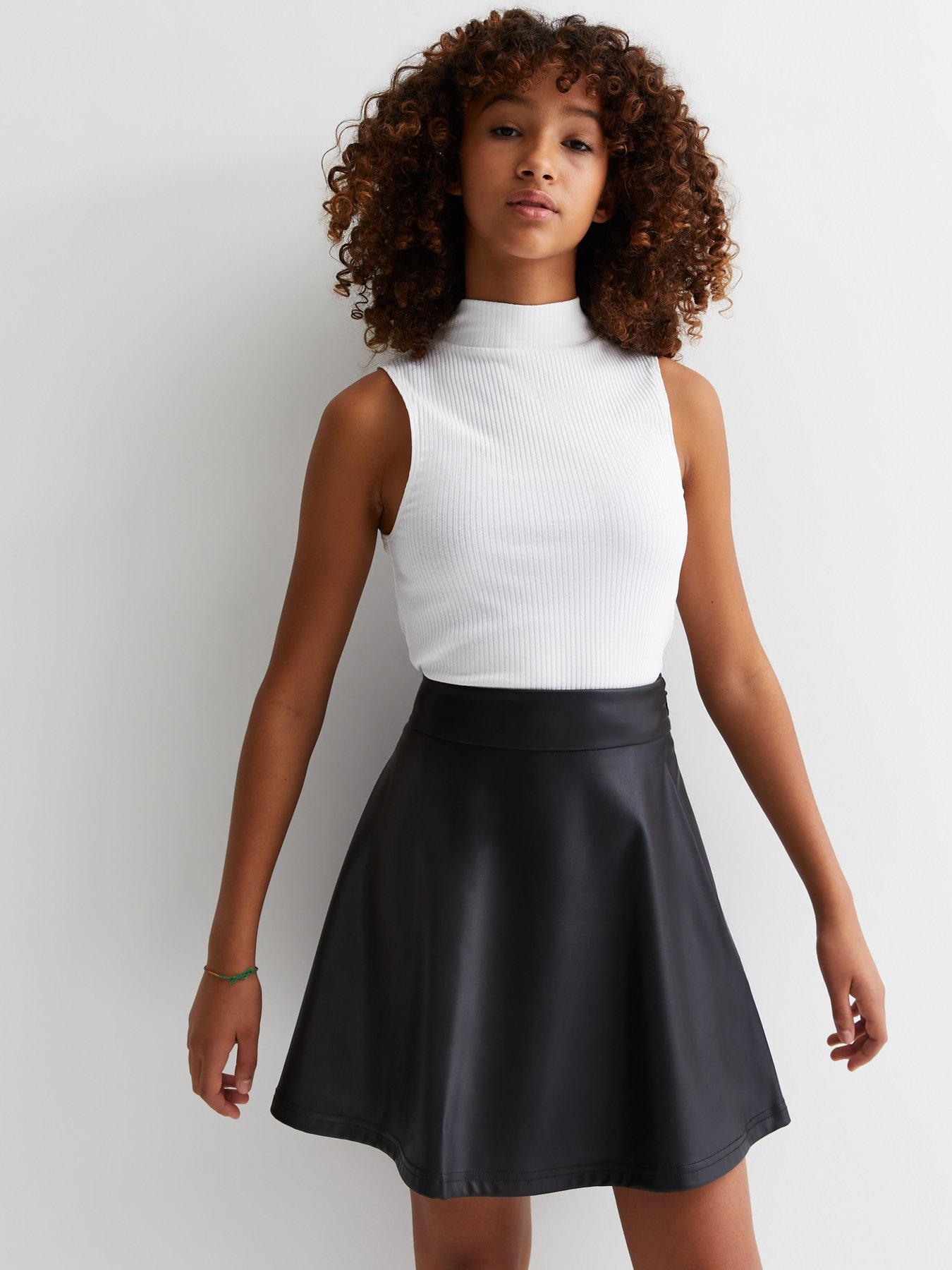 Girls black faux leather pleated skirt