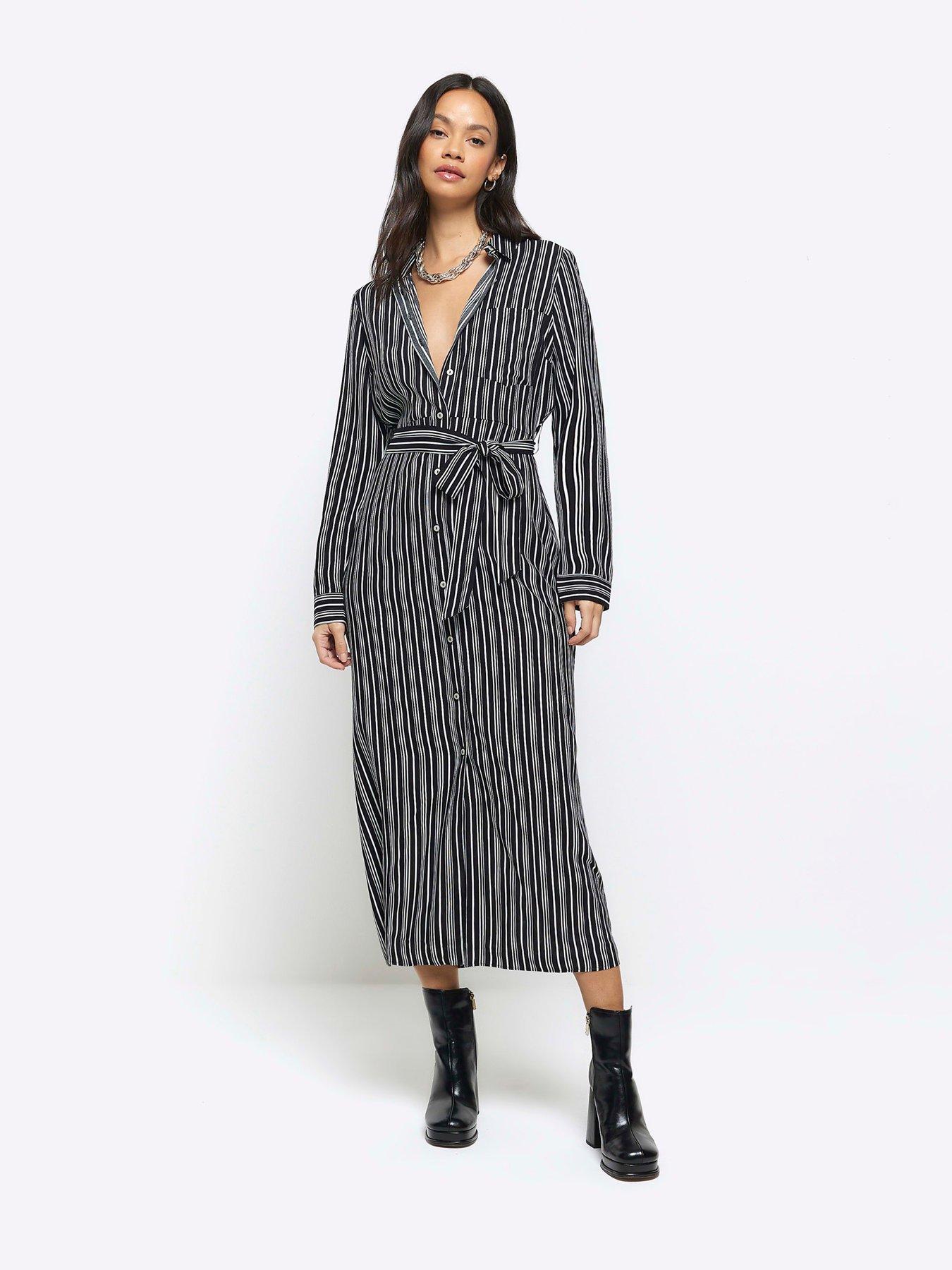 River Island Striped Shirt Midi Dress - Black | Very.co.uk