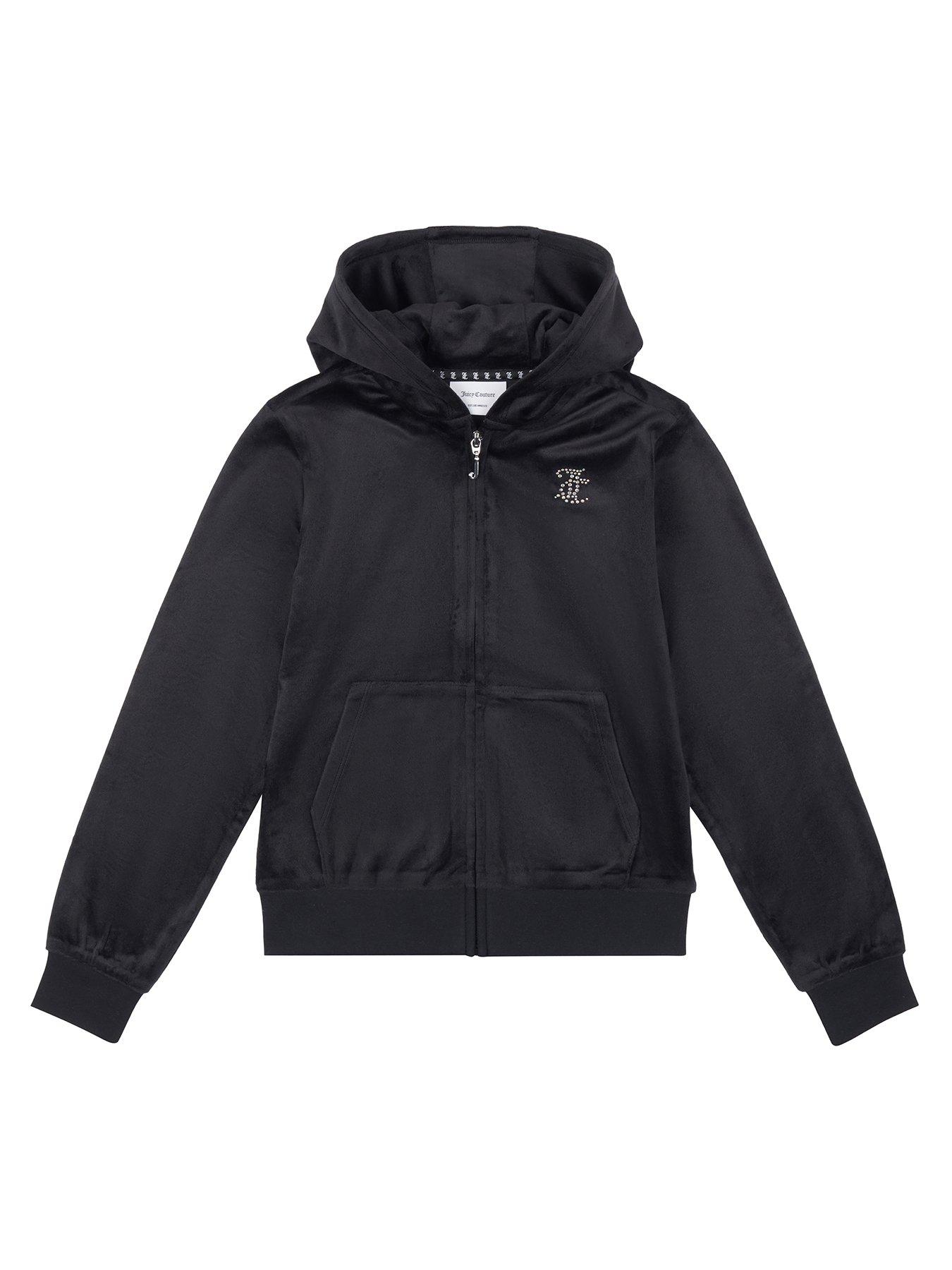 Girls Diamante Velour Zip Through Hoodie - Jet Black