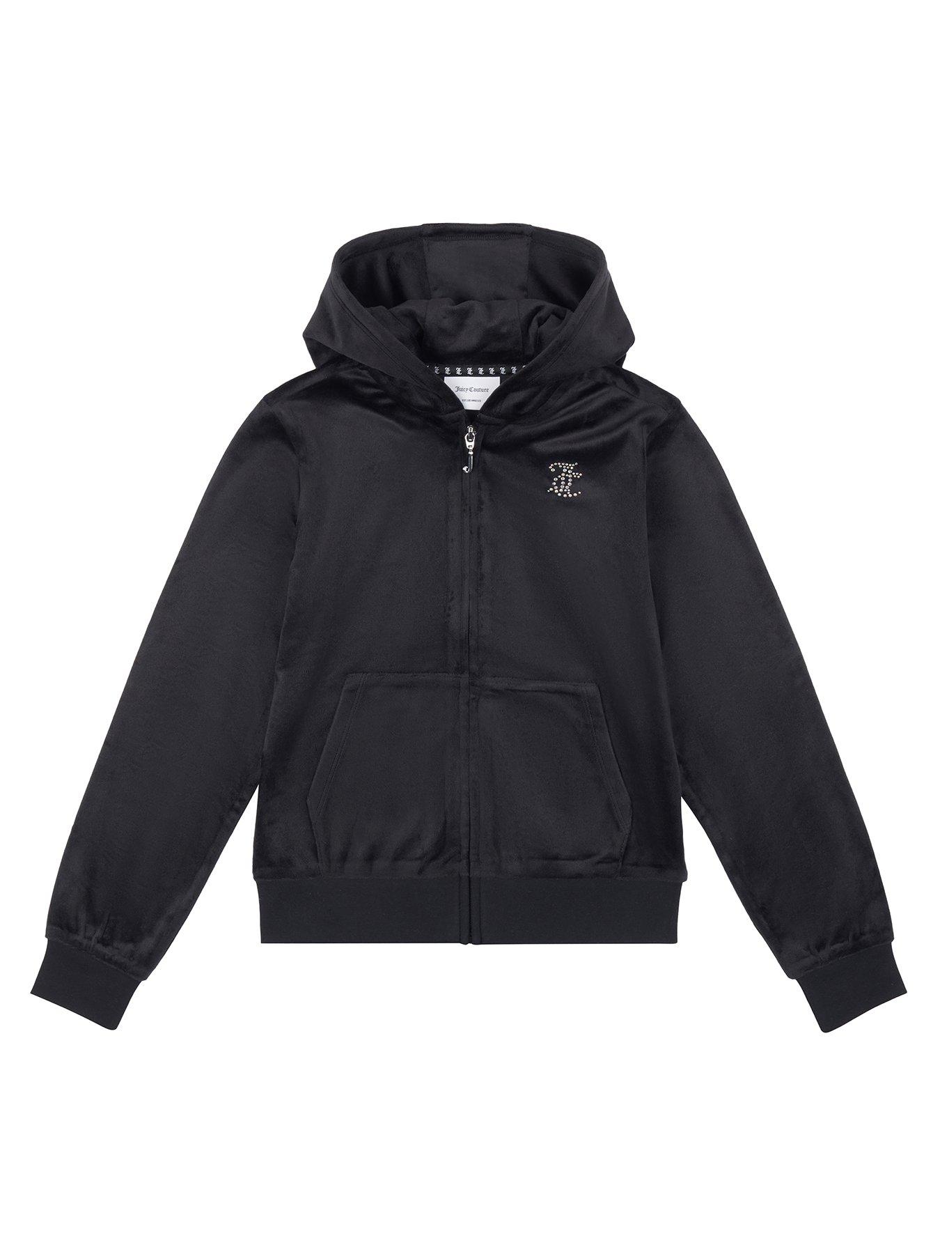 Juicy Couture Girls Diamante Velour Zip Through Hoodie - Jet - Black