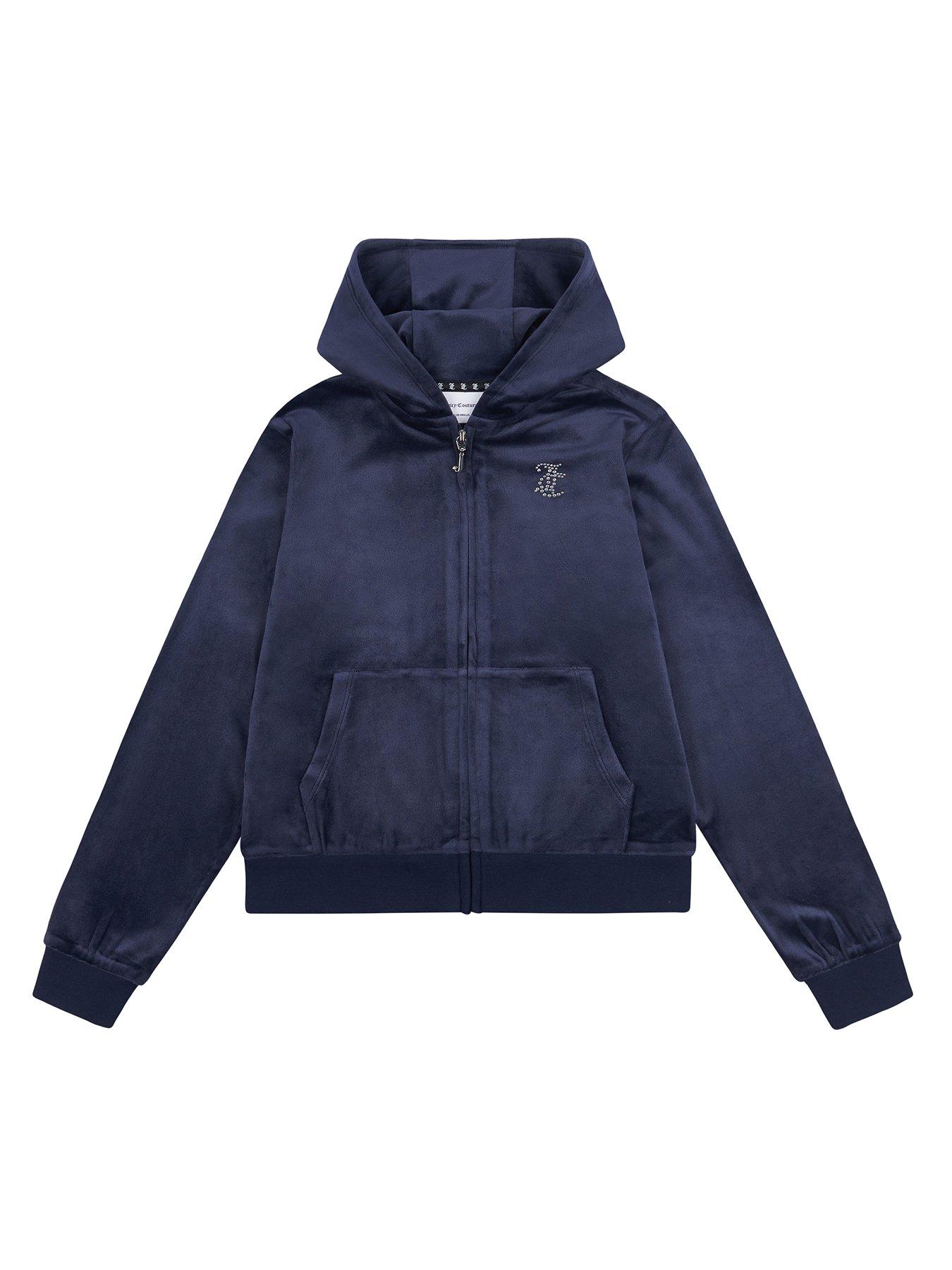 Juicy Couture Girls Diamante Velour Zip Through Hoodie - Dark Blue