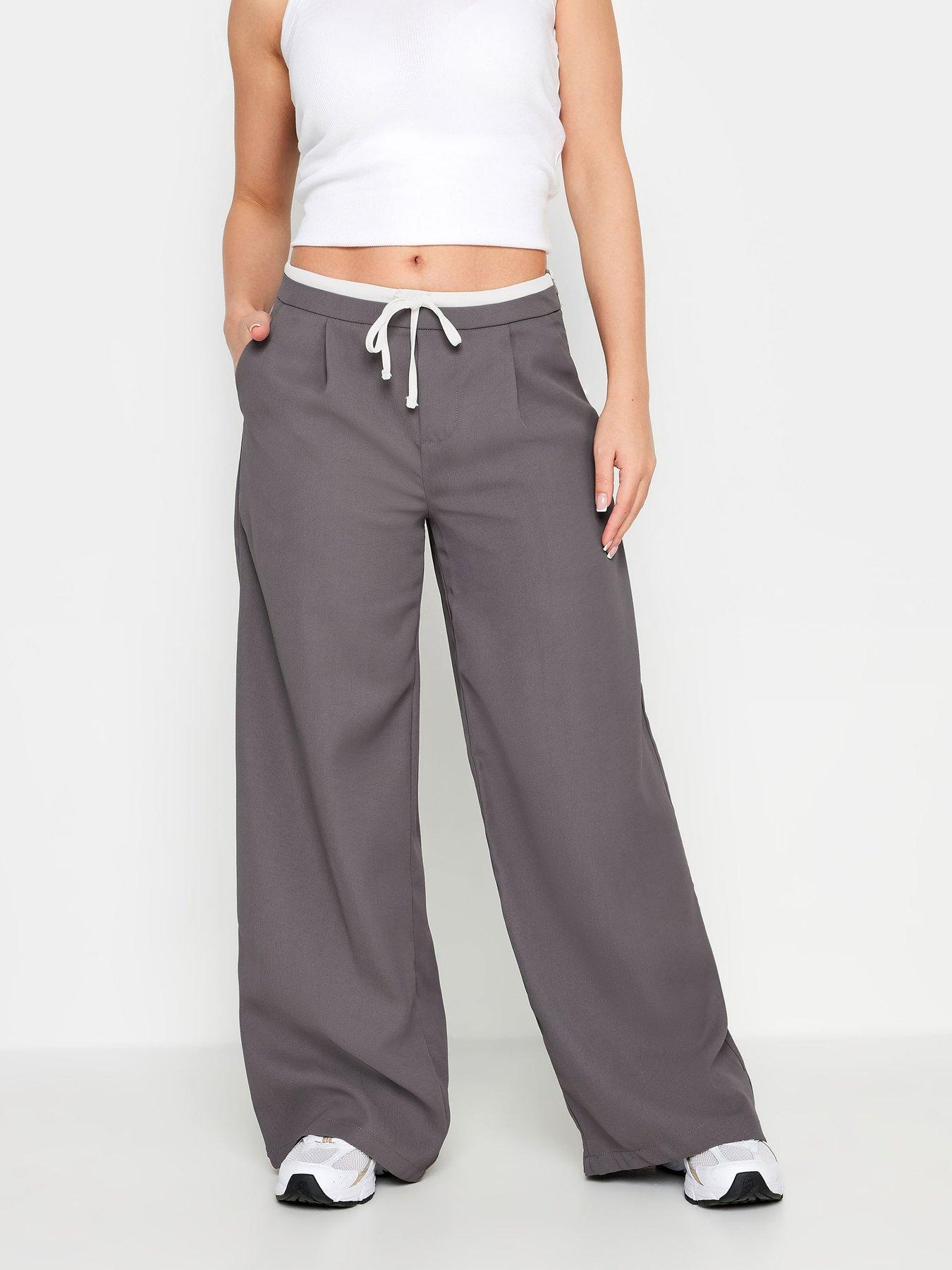 PixieGirl Petite Grey Contrast Waist Wide Leg Trousers | Very.co.uk