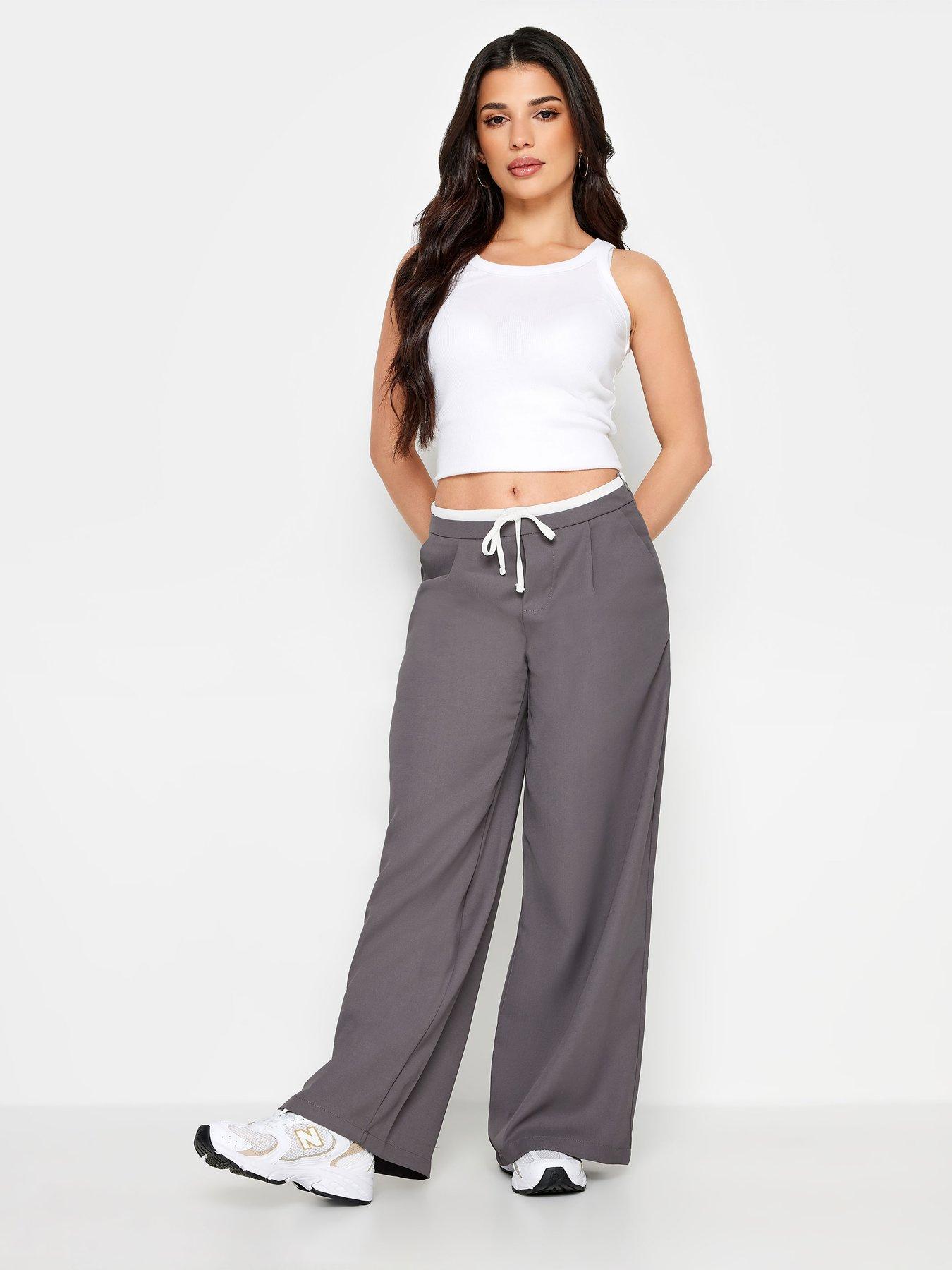 PixieGirl Petite Grey Contrast Waist Wide Leg Trousers | Very.co.uk