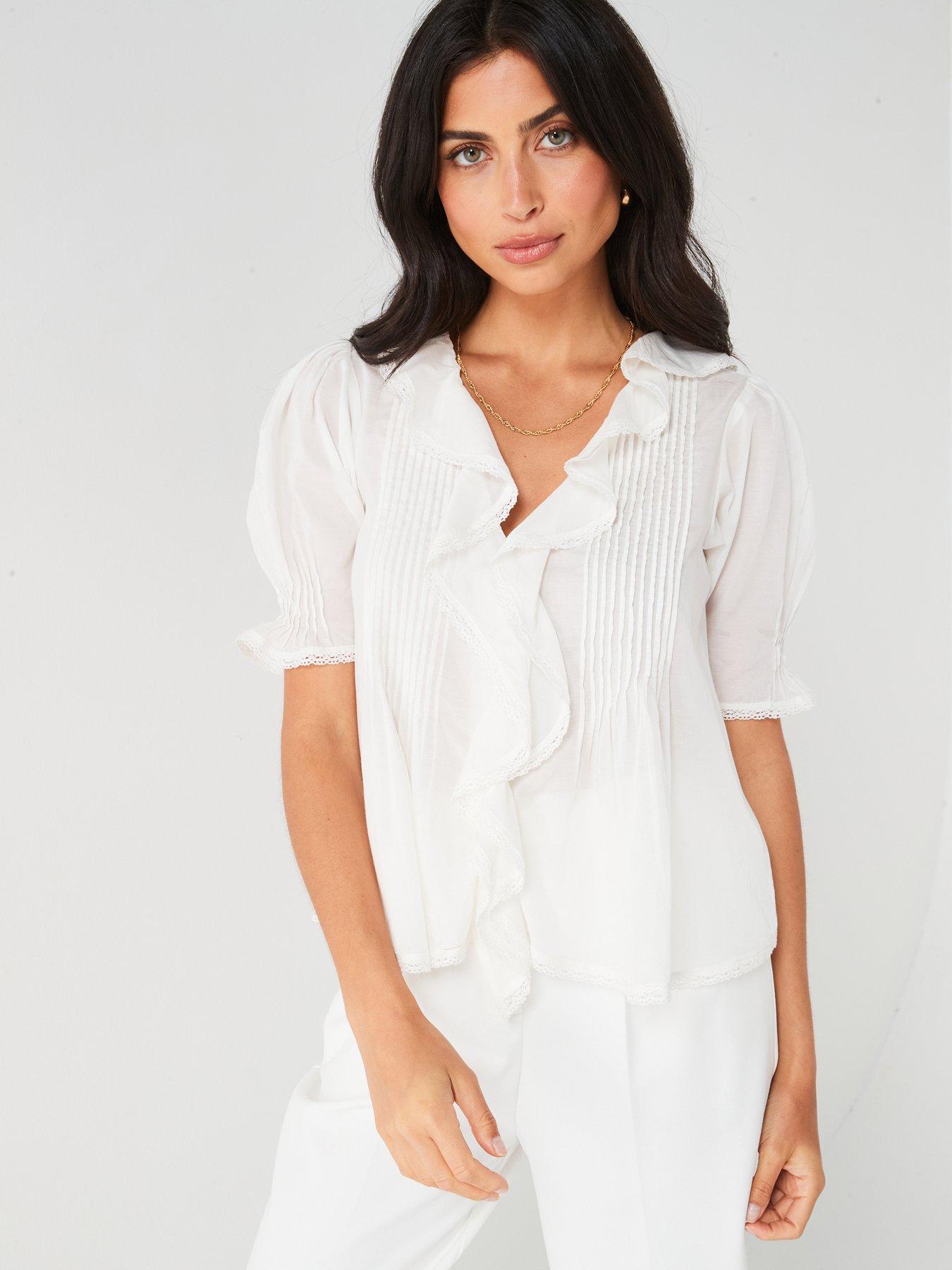 undefined Short Sleeve Pintuck Blouse - White