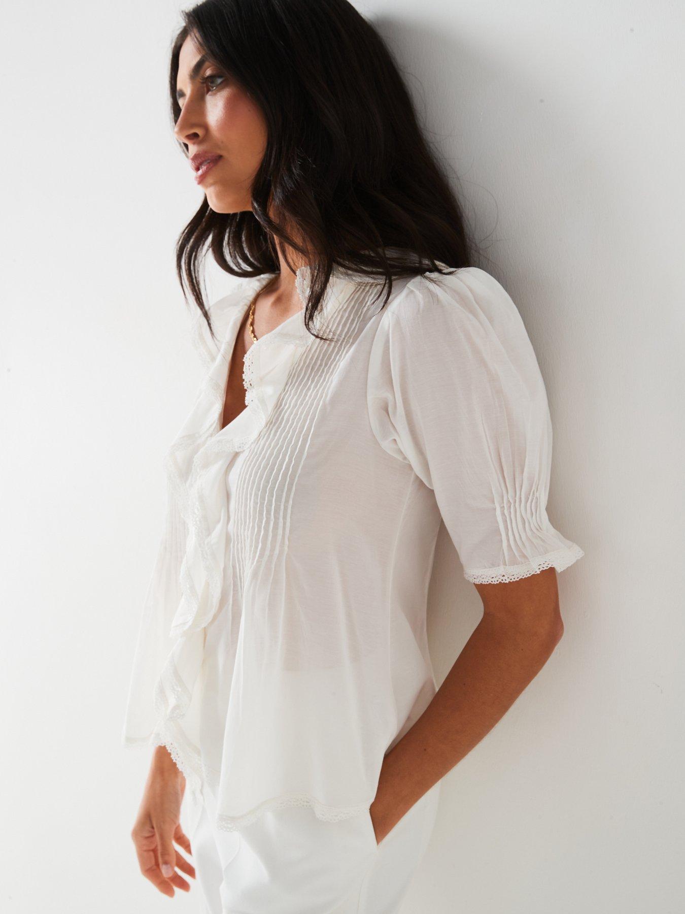 Image 4 of 6 of V by Very Short Sleeve Pintuck Blouse - White