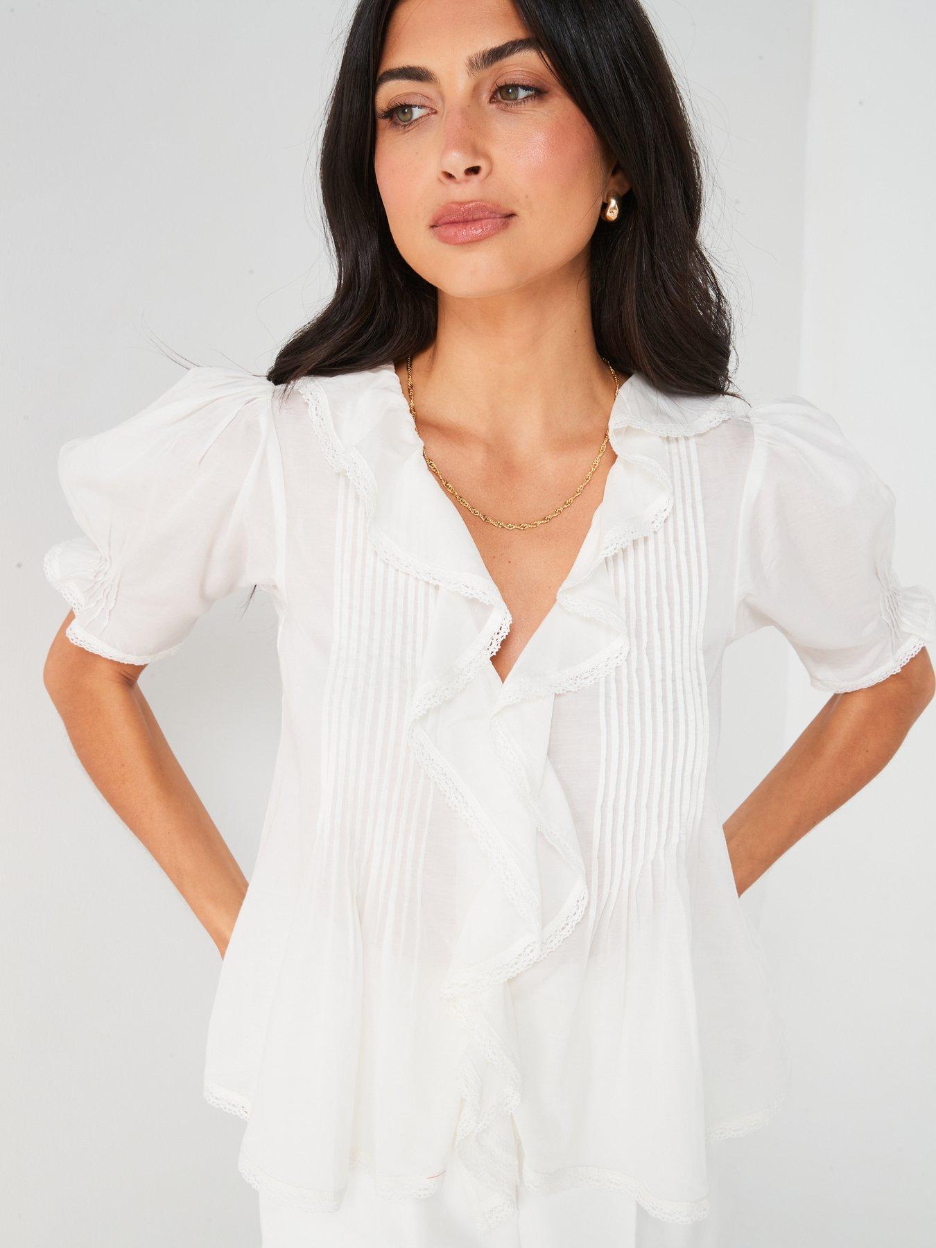 Image 6 of 6 of V by Very Short Sleeve Pintuck Blouse - White