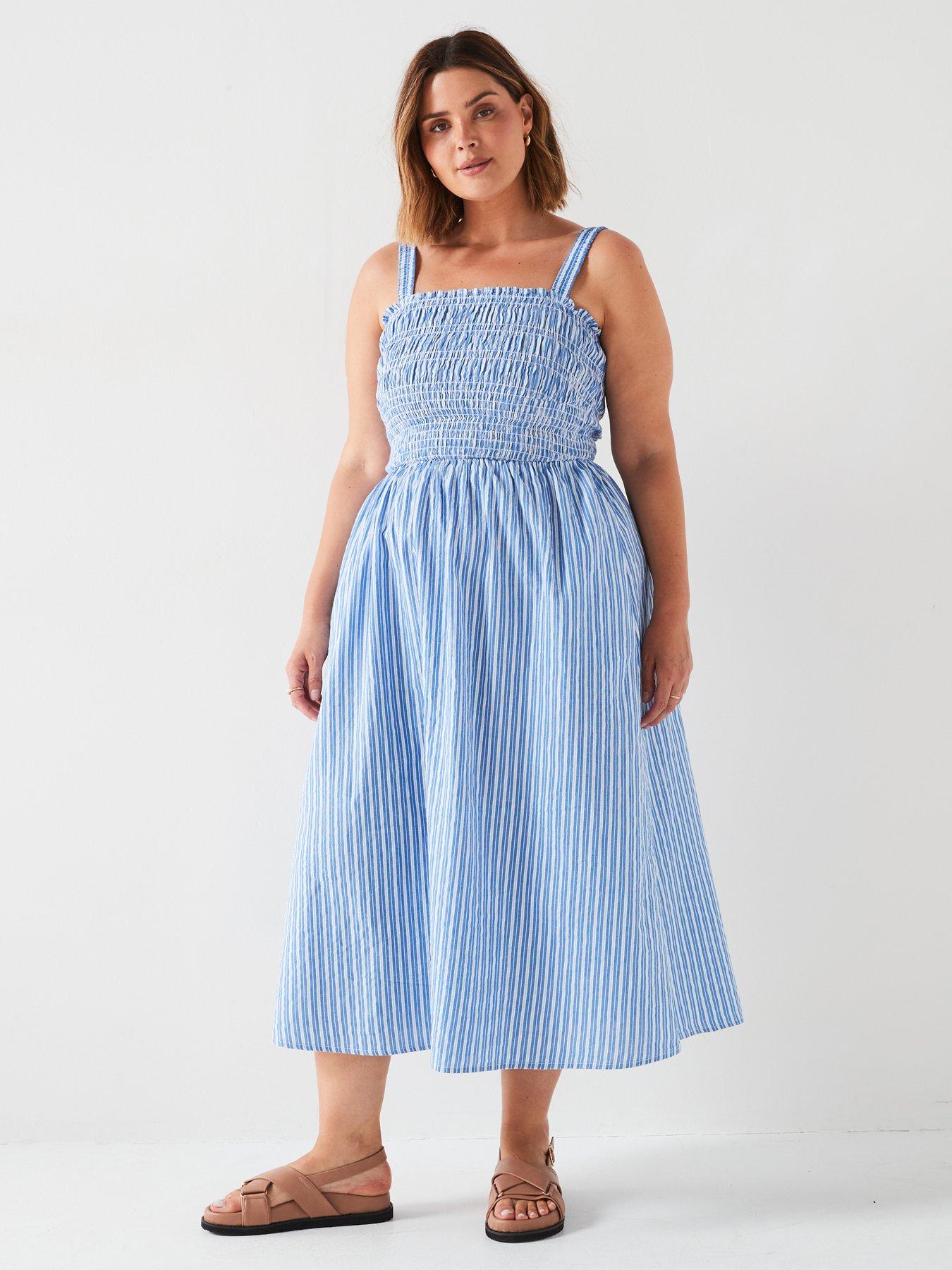 V by Very Curve Curve Stripe Shirred Bust Strappy Midi Dress - Print