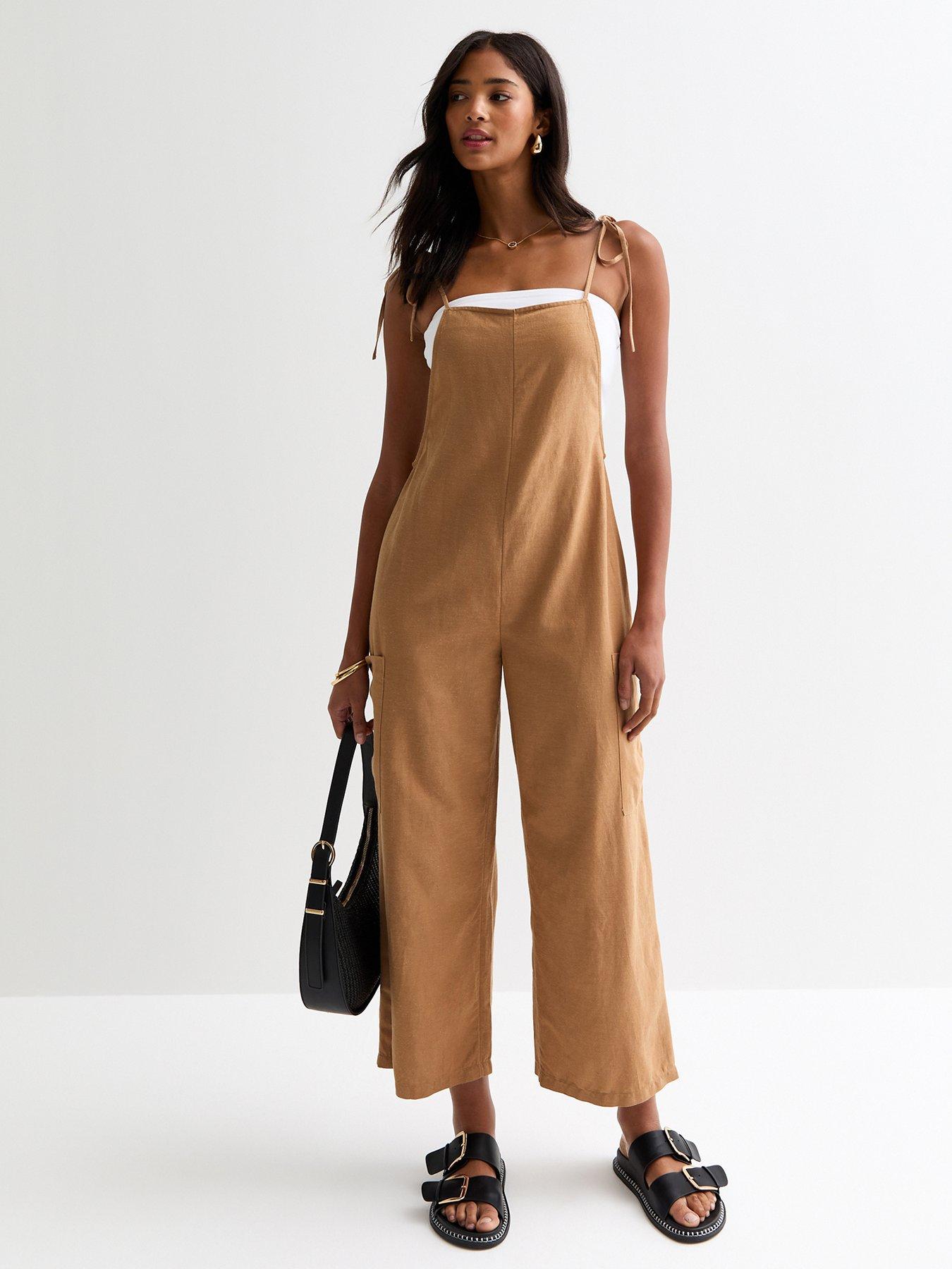 New Look Stone Tie Strap Cropped Dungaree Jumpsuit Very.co.uk