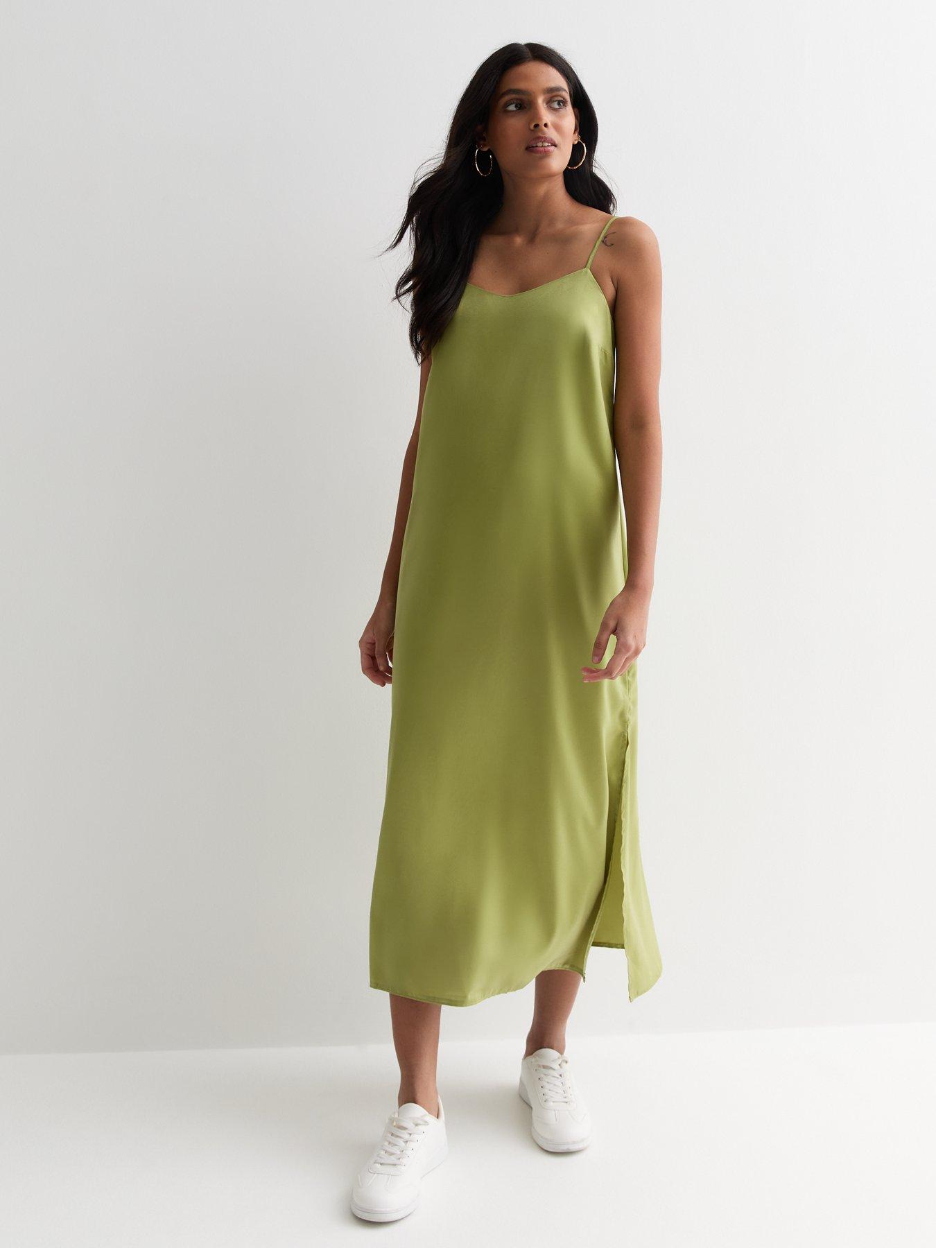 New Look Green Satin Split Hem Midi Slip Dress Very
