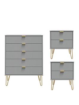 Product photograph of Swift Andie 3 Piece Ready Assembled Package - 5 Drawer Chest And 2 Bedside Chests - Grey from very.co.uk