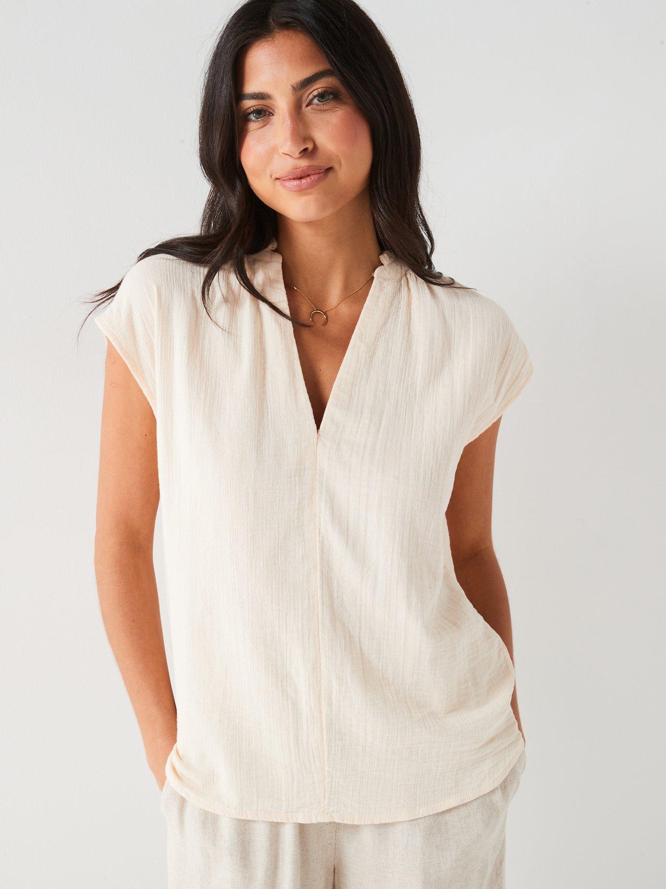 V by Very Crinkle Notch Neck Longline Blouse - Cream