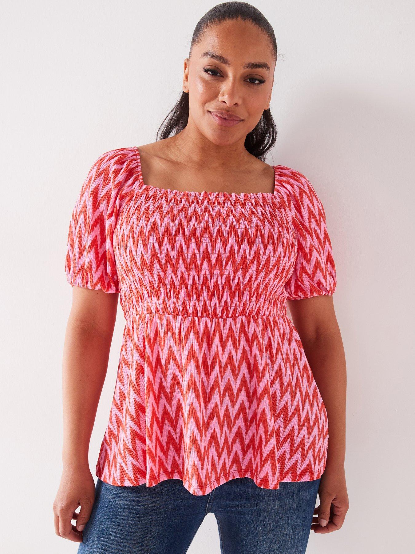 V By Very Curve Puff Sleeve Shirred Waist Top - Print