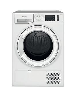 Product photograph of Hotpoint Crease Care Ntm1192uk 9kg Heat Pump Freestanding Tumble Dryer - White from very.co.uk