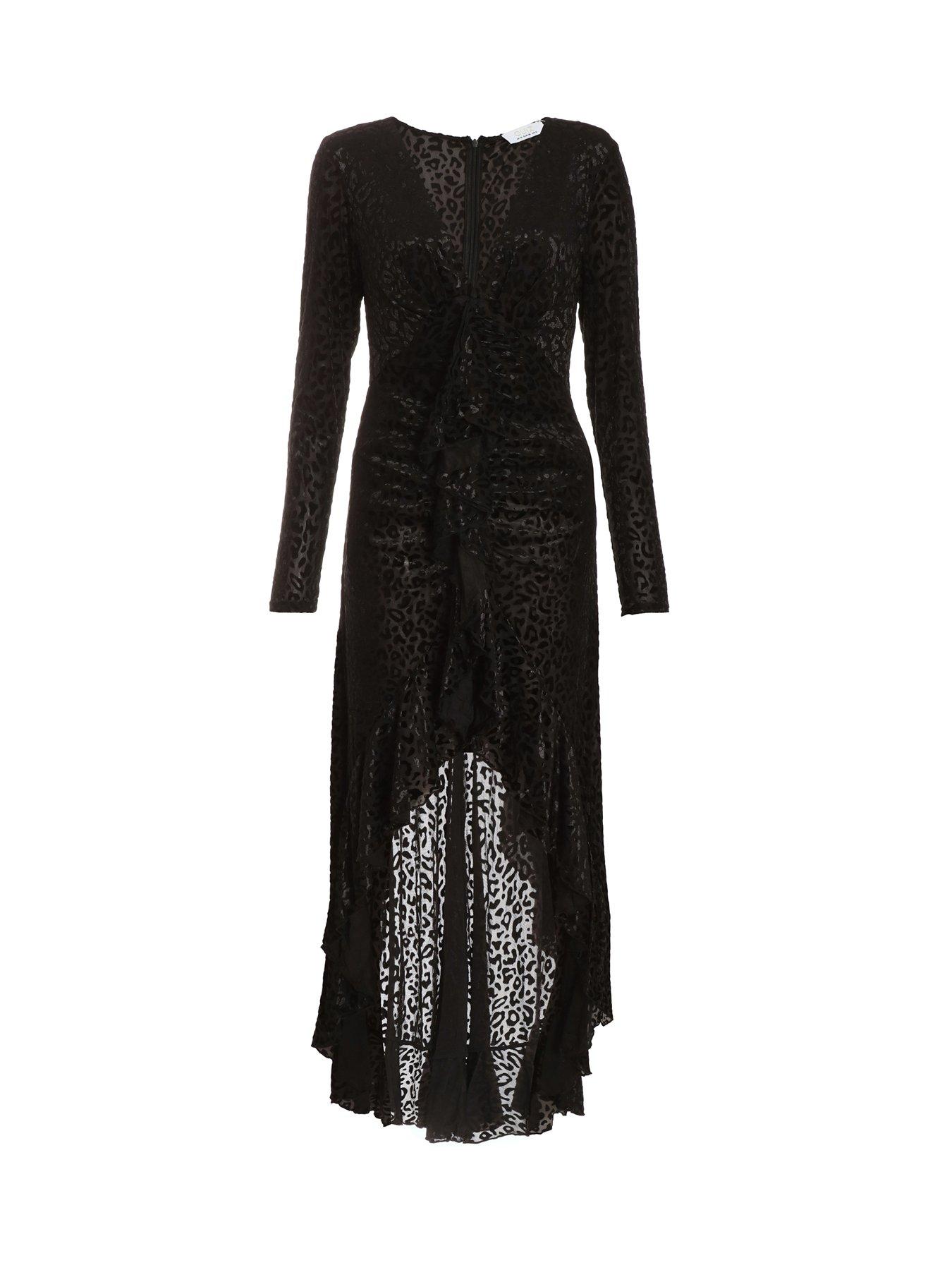 Quiz Black Velvet Animal Print Ruffle Maxi Dress | very.co.uk