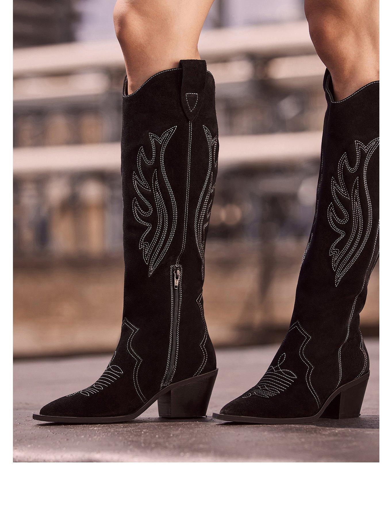 Black Suede Long Cowboy Boots