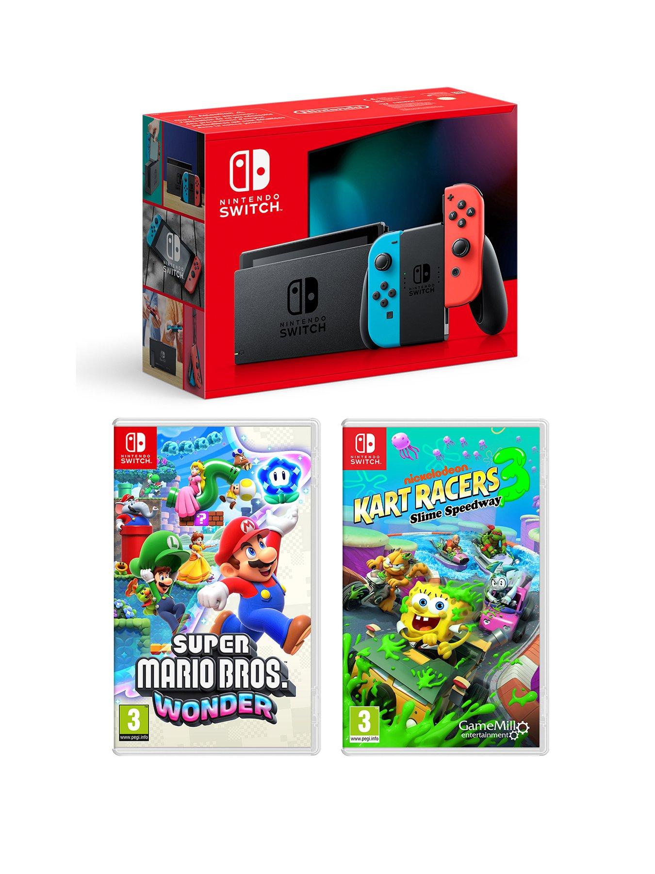Nintendo Switch Neon Console &Amp; Super Mario Bros. Wonder &Amp; Nick Karts 3 Slime Speedway