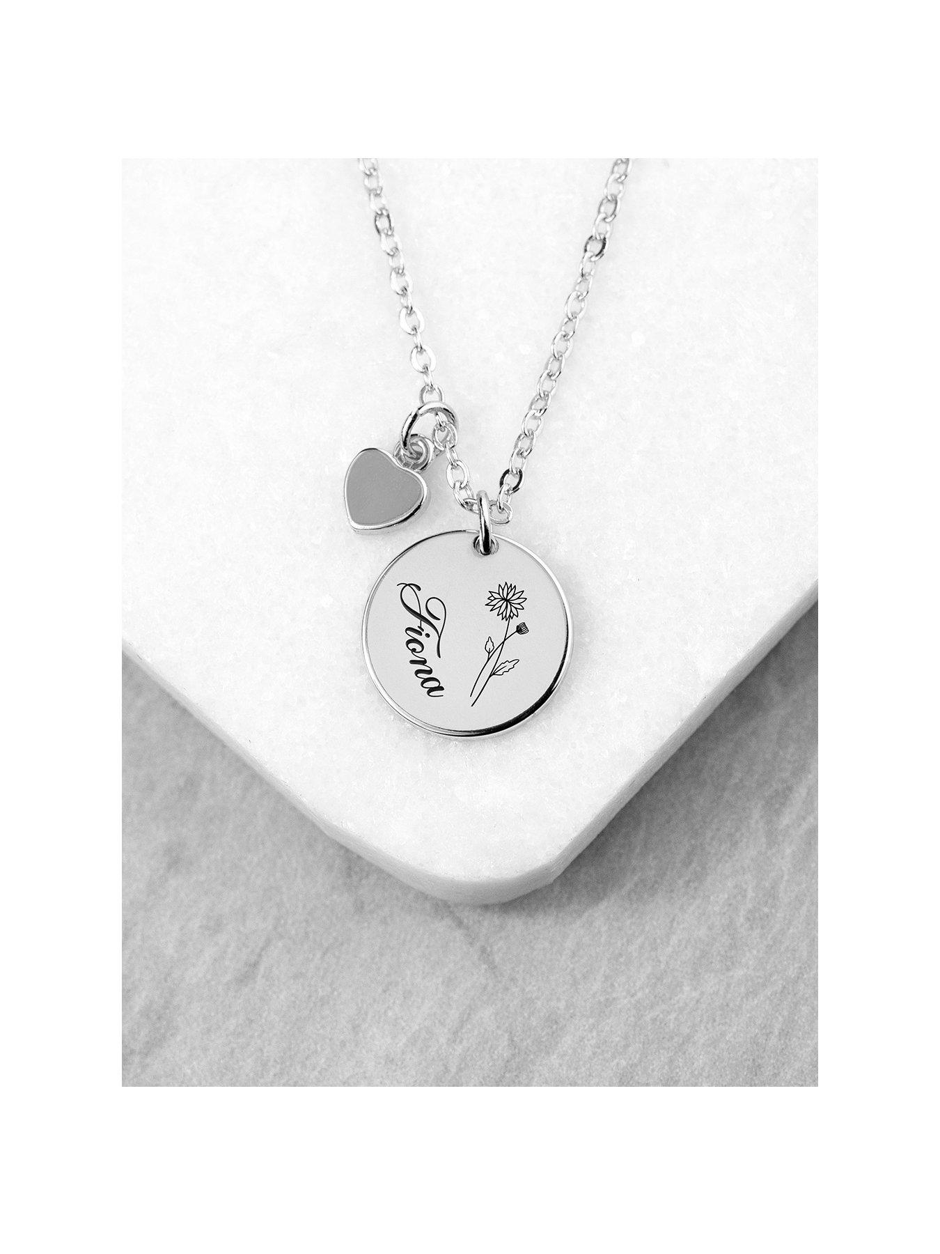 Product photograph of Treat Republic Personalised Birth Flower Heart And Disc Necklace - Silver from very.co.uk