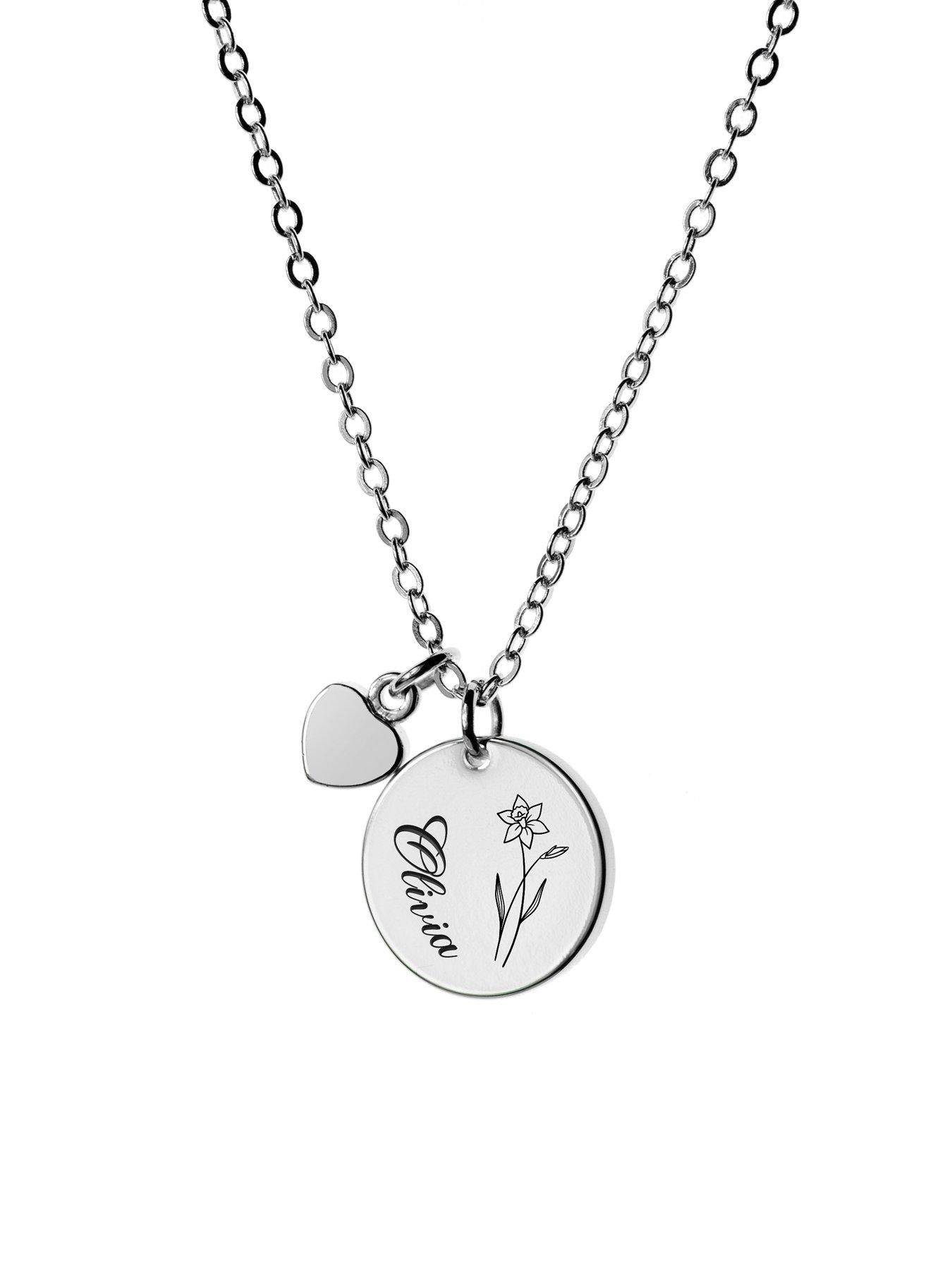 Image 6 of 7 of Treat Republic Personalised Birth Flower Heart and Disc Necklace - Silver