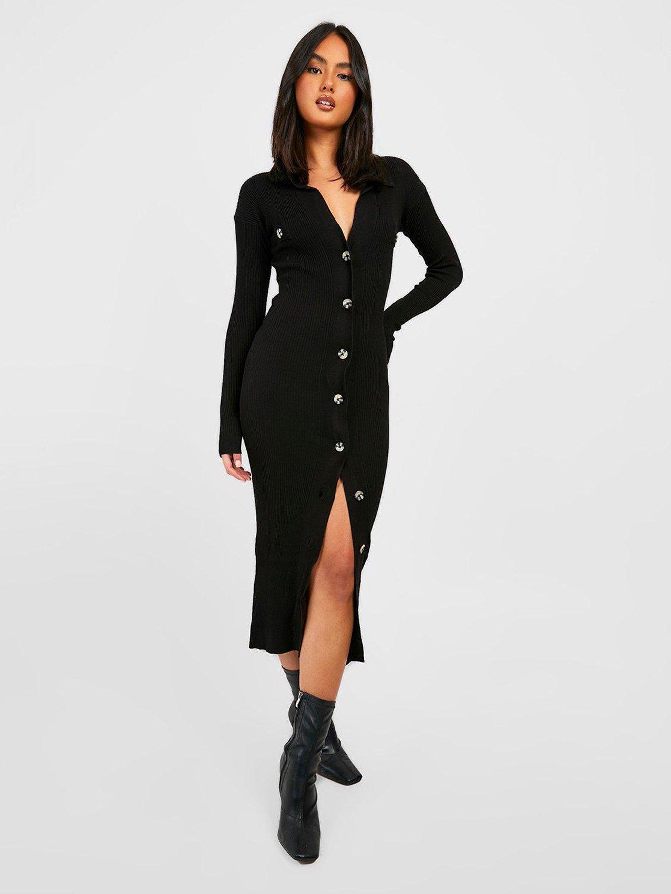 Boohoo Collar Rib Knit Midi Dress Black Uk