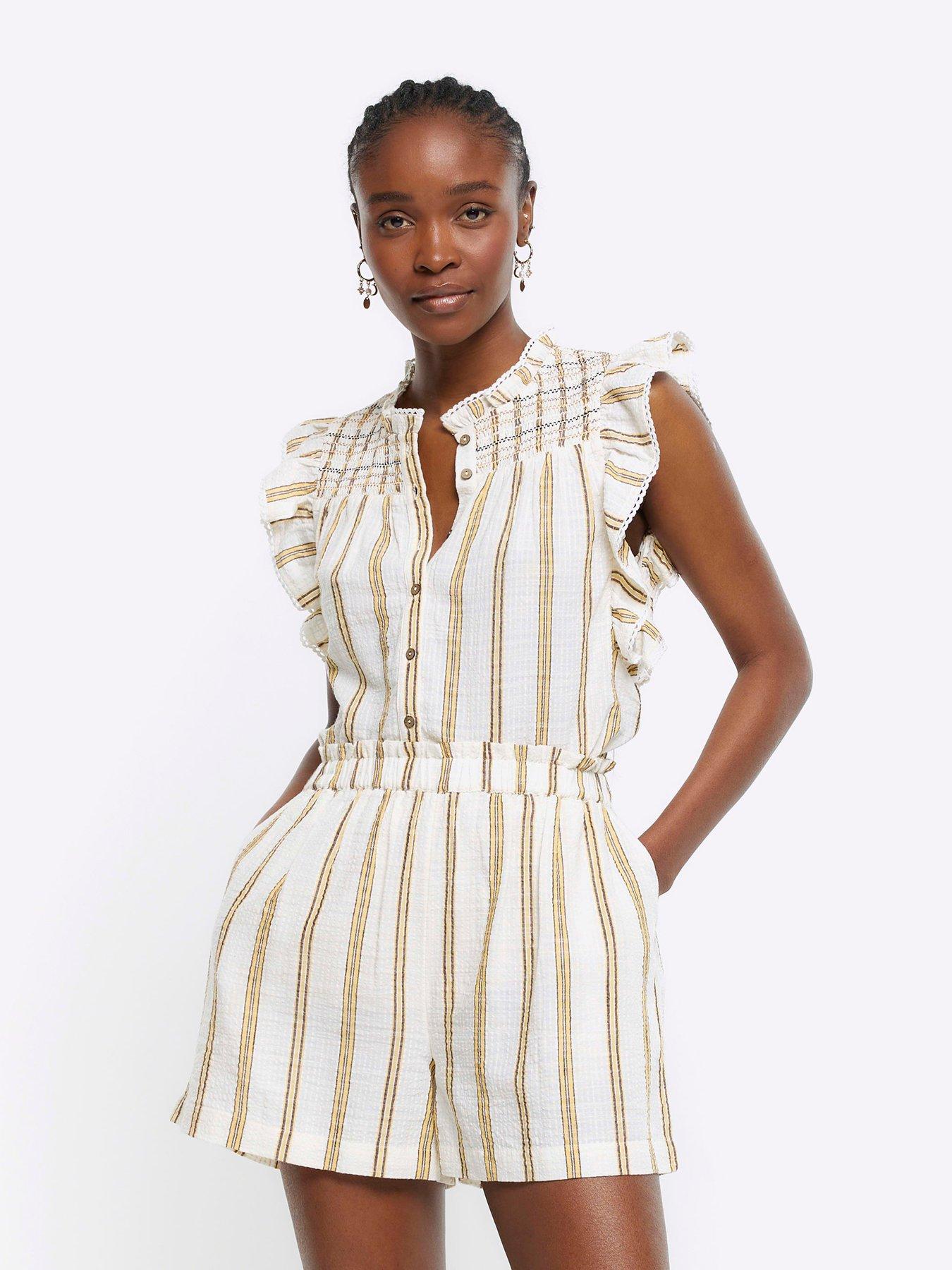 River Island Striped Textured Cotton Short Yellow Very