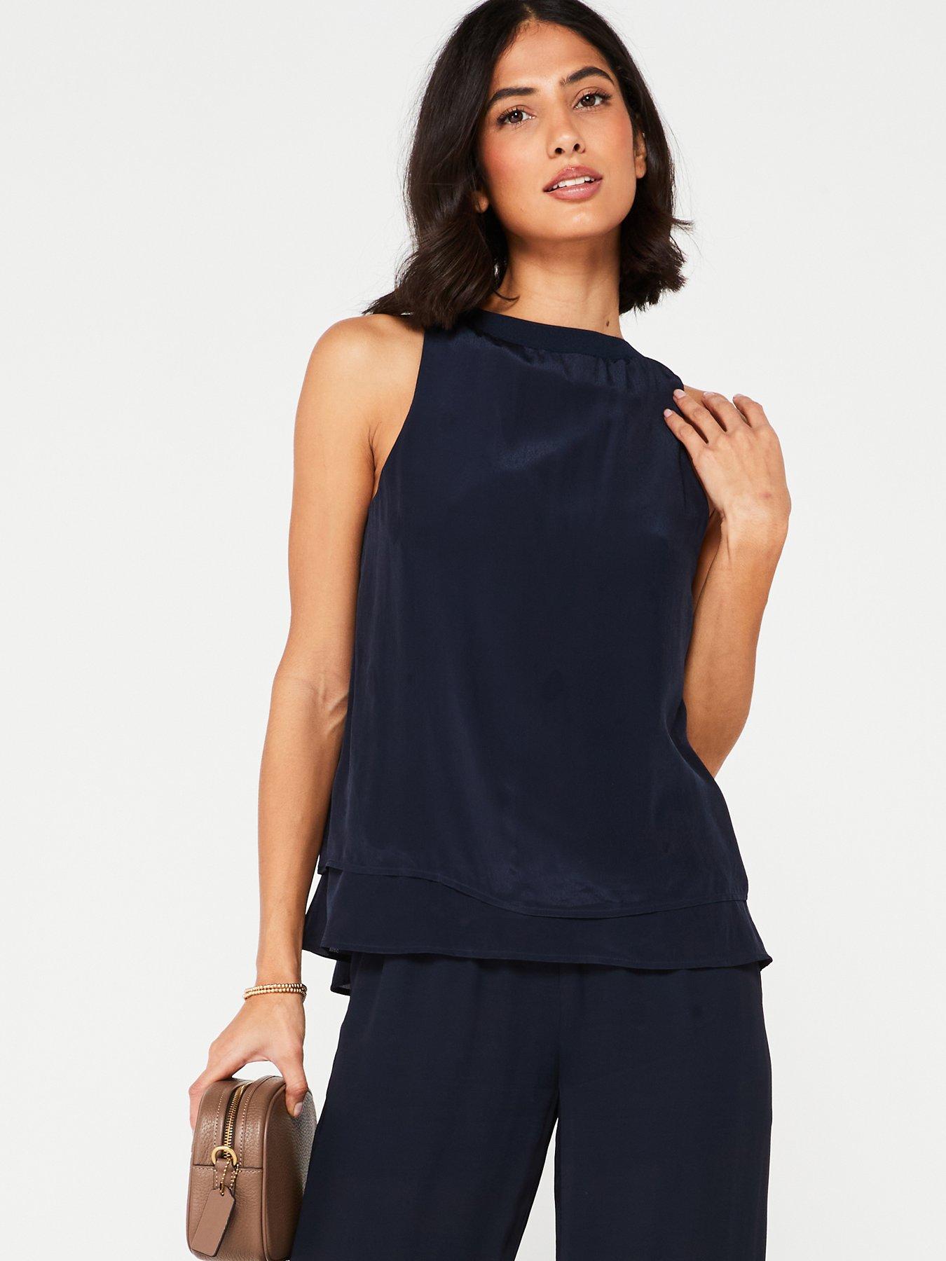 undefined Viscose Tiered Sleeveless Blouse - Navy