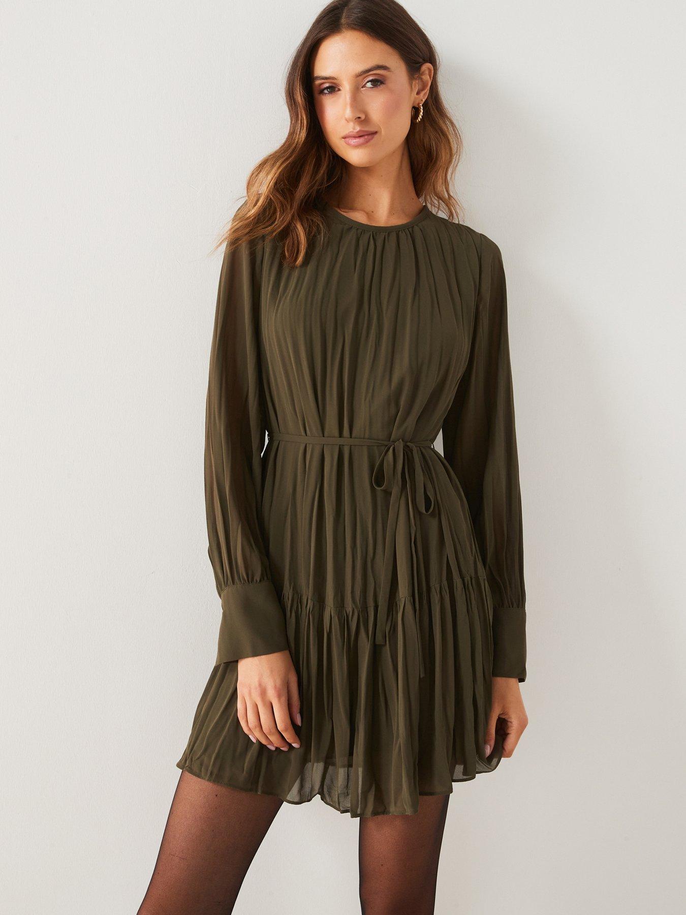 Mango Khaki Evase Pleated Mini Dress