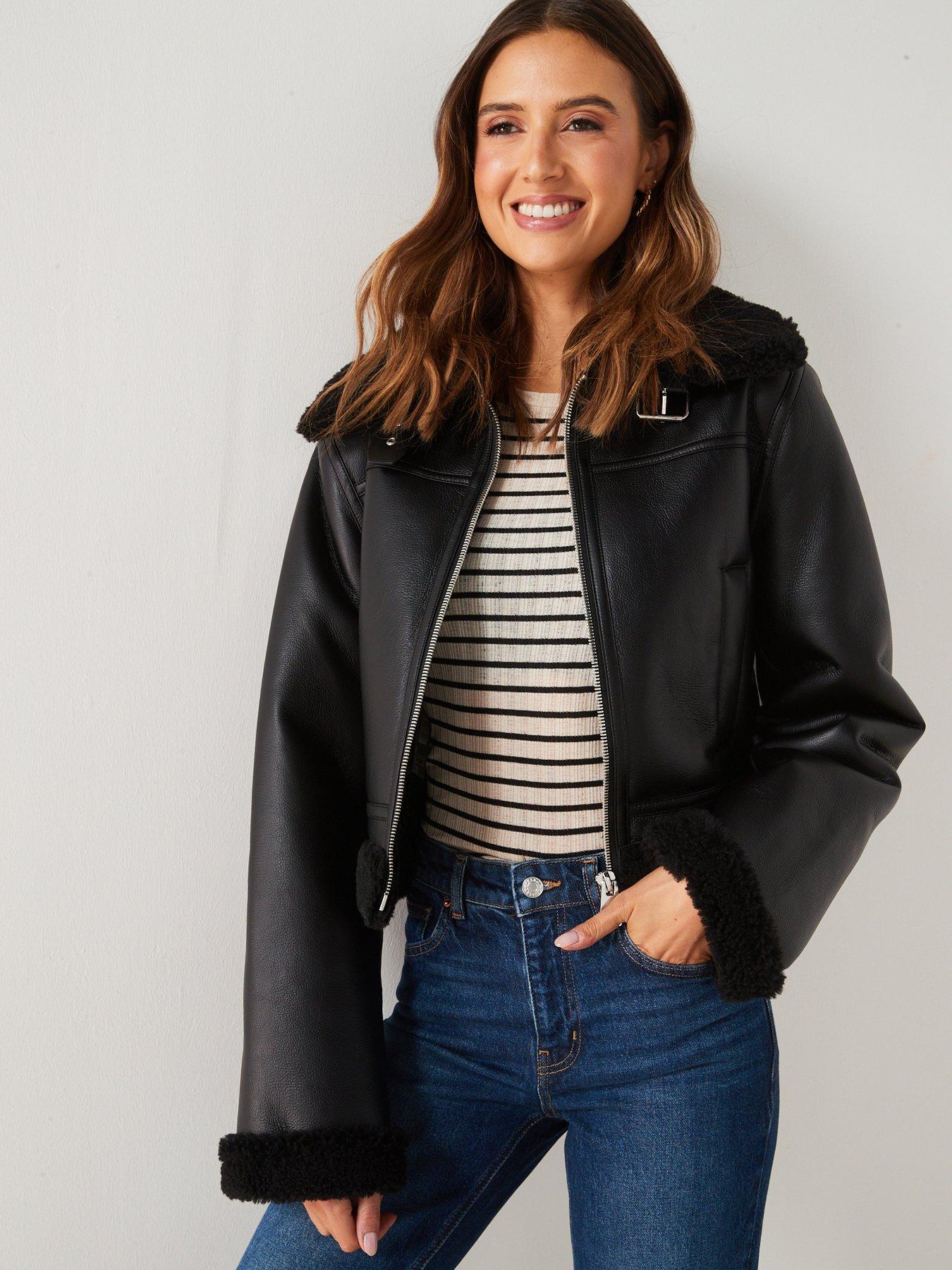 Faux Shearling Aviator Jacket Black